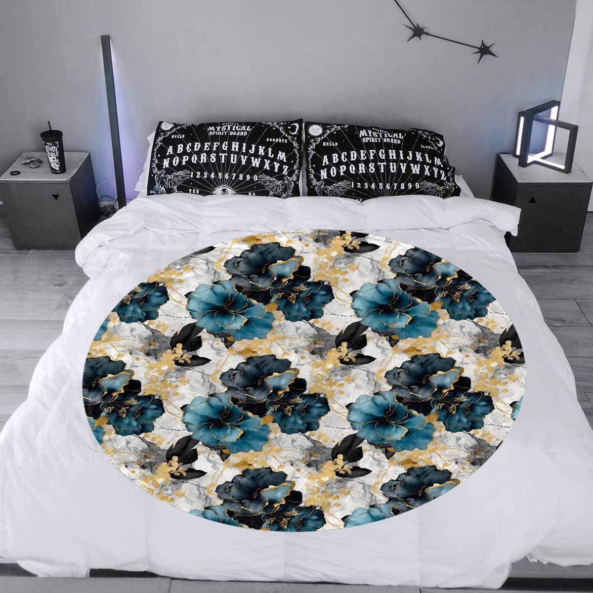 Blue & Gold Ink Floral  Circular Micro Fleece Blanket 60"