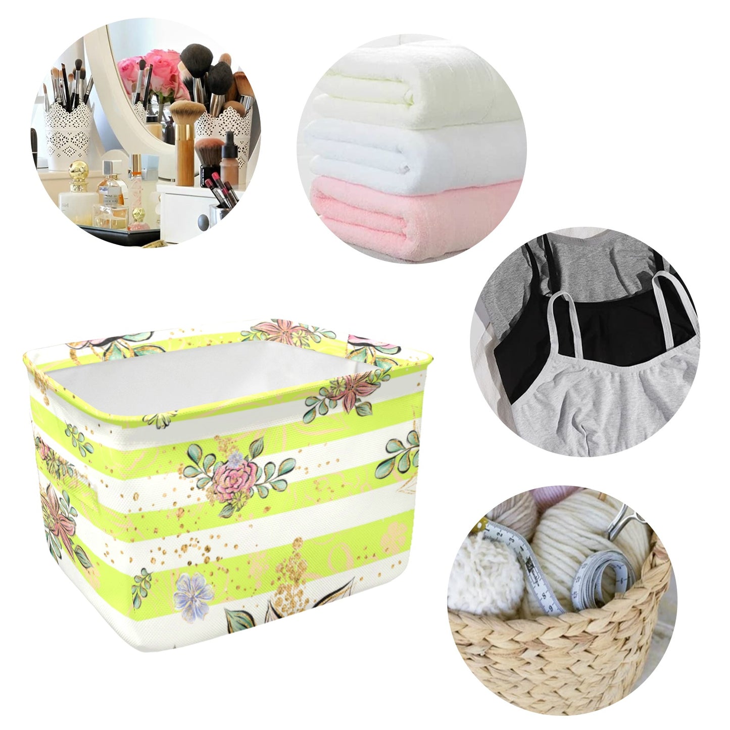 Floral Yellow Stripe Fabric Storage Basket