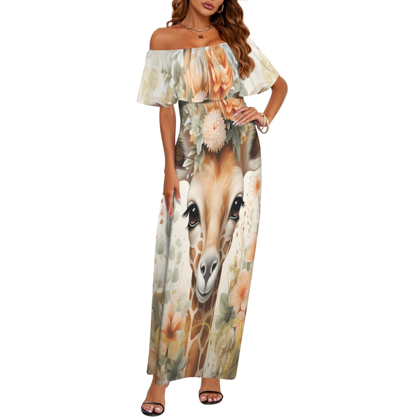 Giraffe awd422 Women's Off Shoulder Ruffle Boat Neck Dress (Model D71)