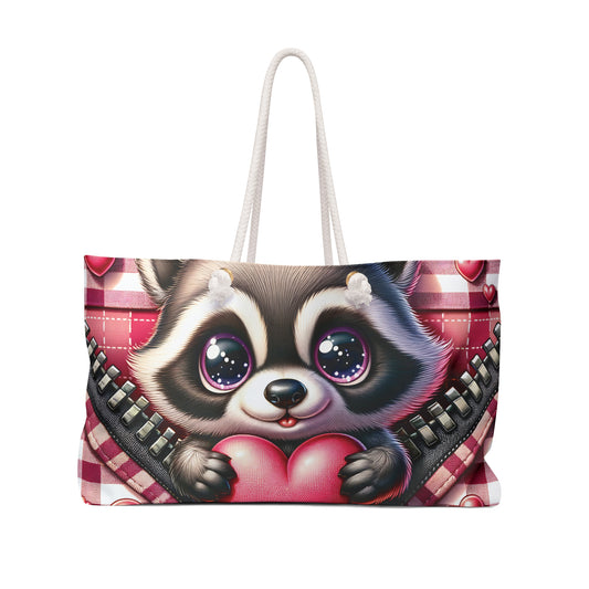 Personalised/Non-Personalised Weekender Bag, Cute Racoon, Zipper, Valentines Day, Large Weekender Bag, Beach Bag, Book Bag