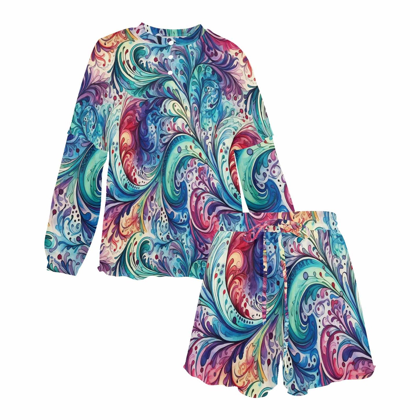 Rainbow Paisley Women's Long Sleeve Pajama Set with Shorts