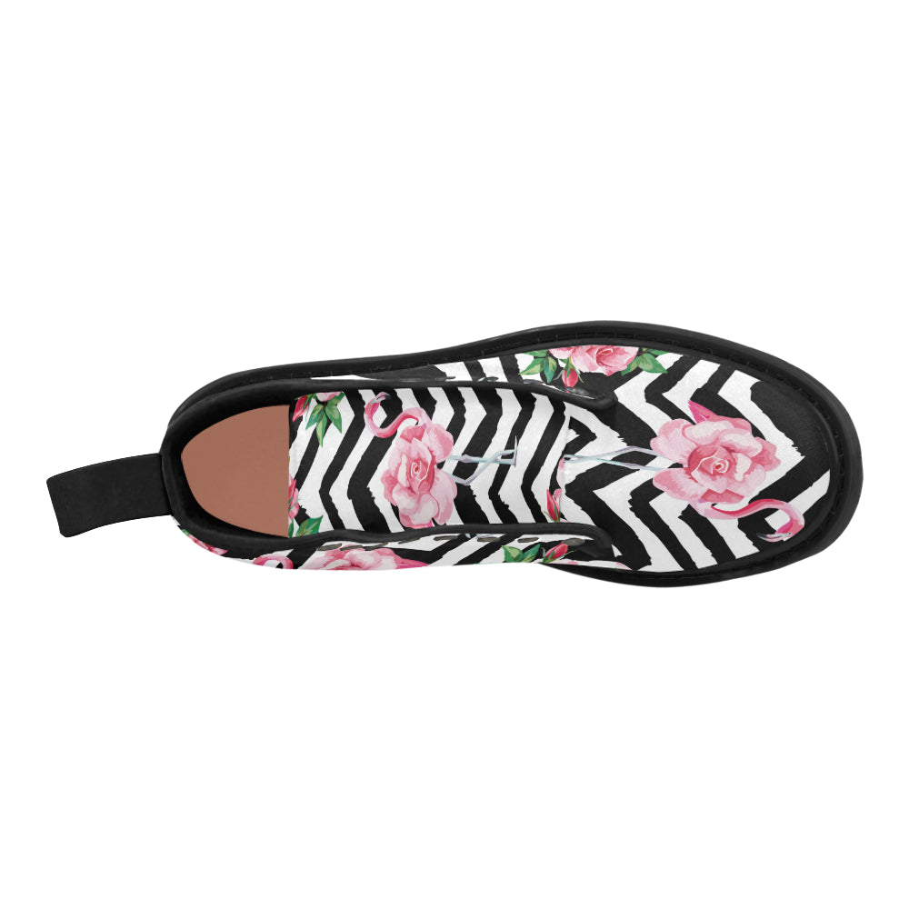 Martin Boots for Women beautiful tropic pink flamingo and rose flowers (Black)