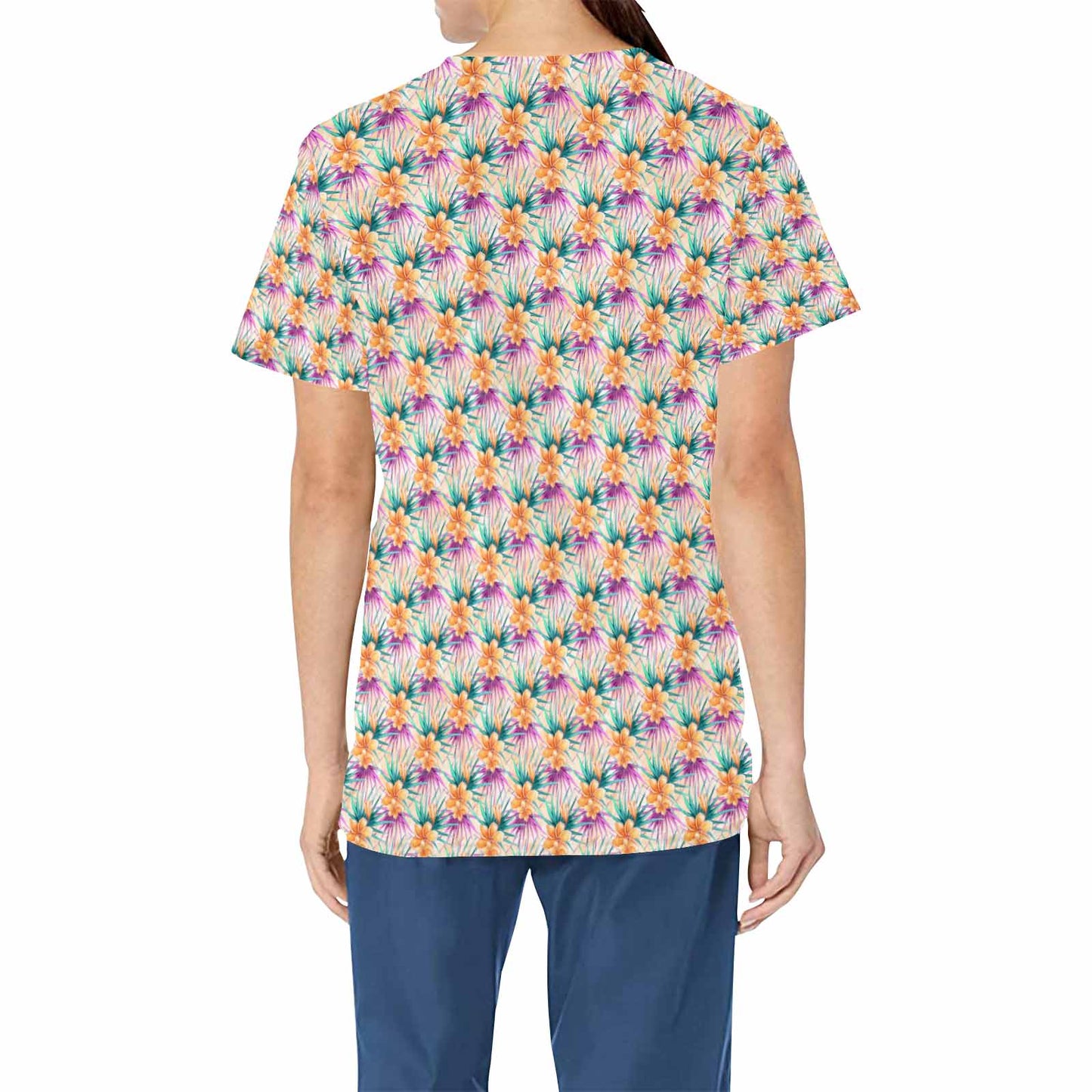 Frangipani and Leaves  Women's V Neck Scrub Top Nurse Uniform with Deep Front Pockets