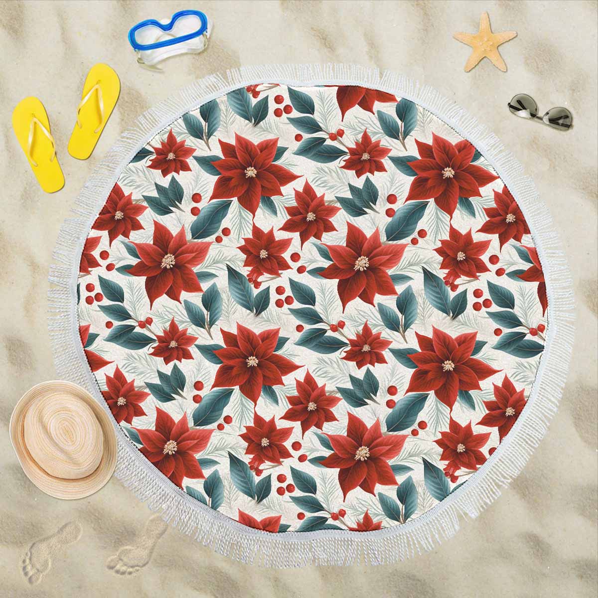 Christmas Red Poinsettia  Circular Beach Shawl 59"