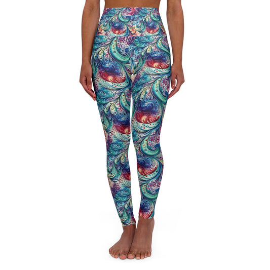 High Waisted Yoga Legging, Navy Blue Paisley