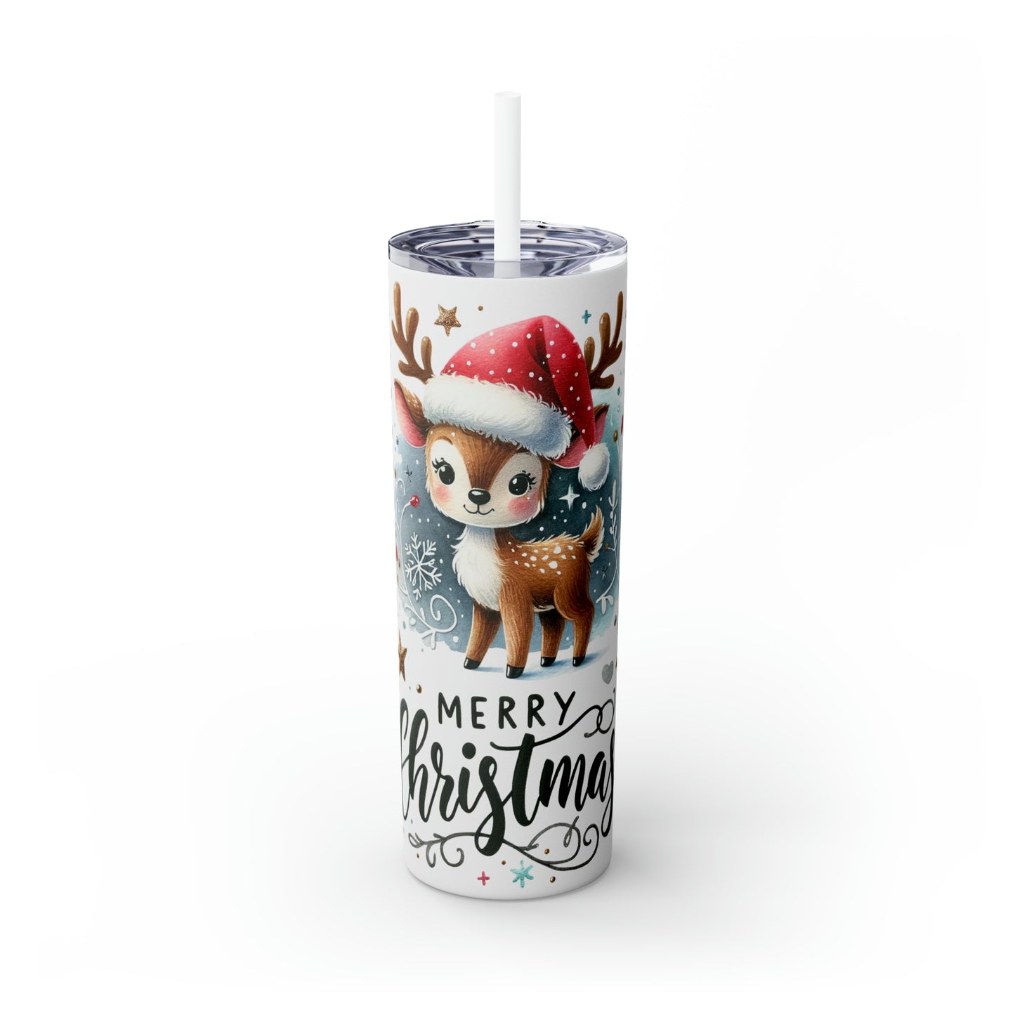 Skinny Tumbler with Straw, 20oz, Reindeer, Merry Christmas