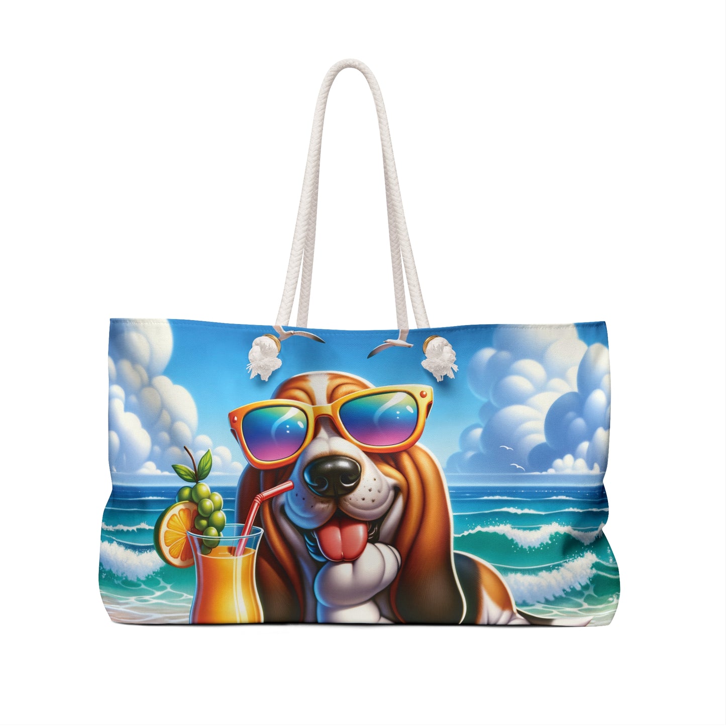 Personalised/Non-Personalised Weekender Bag, Summer Beach Dog, Bassett Hound, Large Weekender Bag, Beach Bag, Book Bag