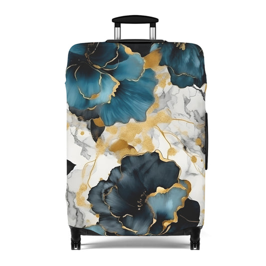 Luggage Cover, Alcohol Ink Black, Blue and Gold Floral