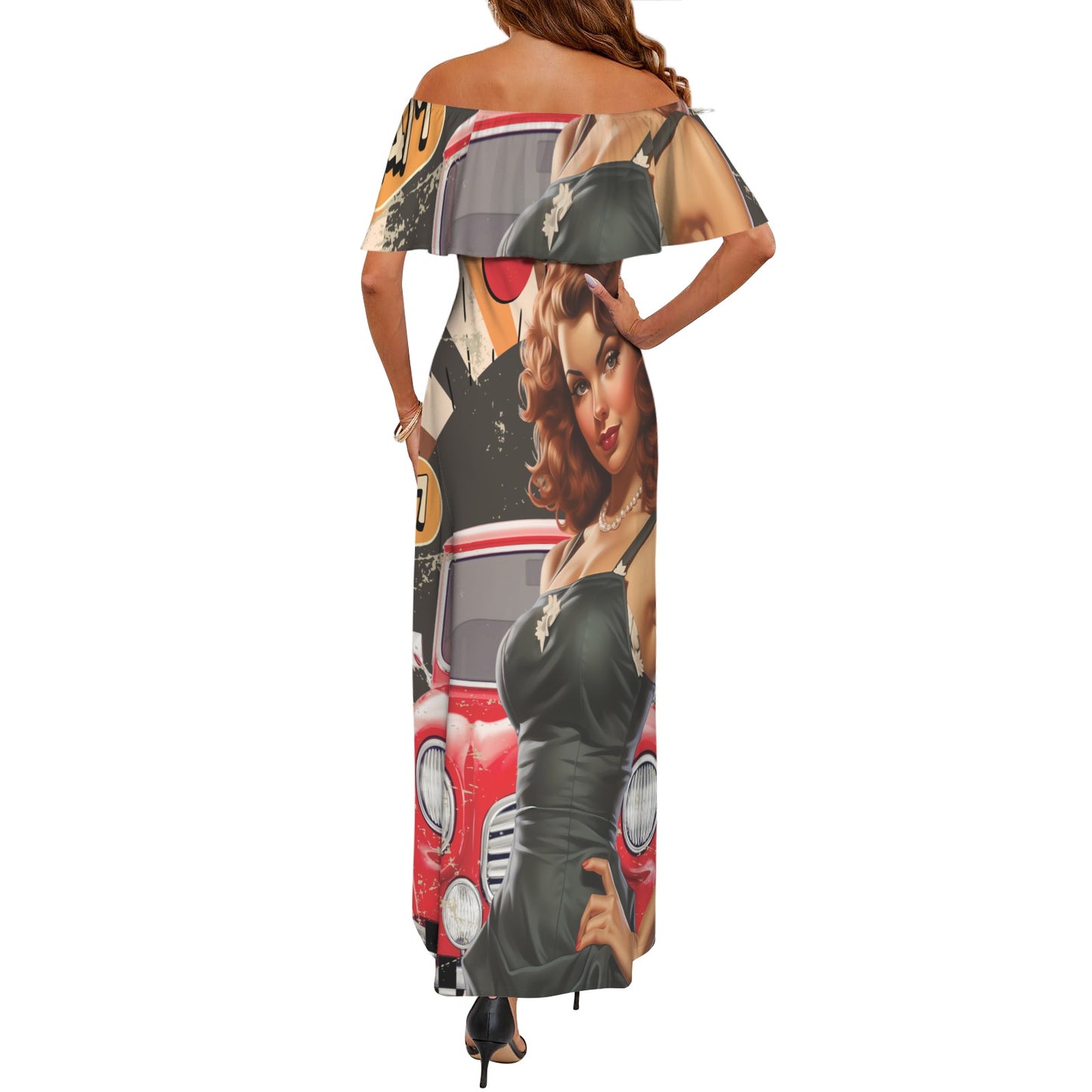 Retro Car Service awd506 Women's Off Shoulder Ruffle Boat Neck Dress (Model D71)