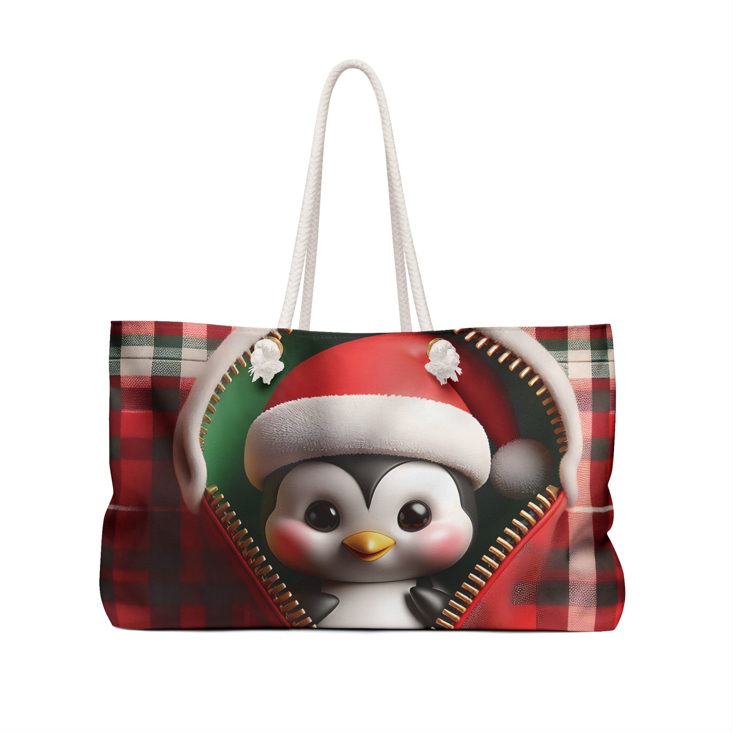 Personalised/Non-Personalised Weekender Bag, Cute Penguin, Christmas, Tartan, Large Weekender Bag, Beach Bag, Book Bag