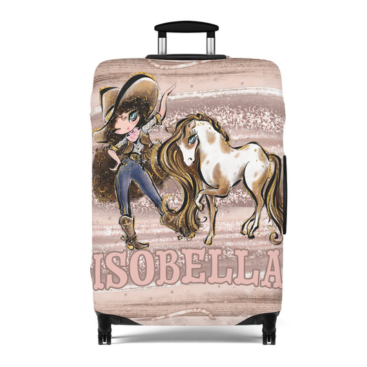 Luggage Cover, Howdy Cowgirl and Horse, Brunette Curly Hair Blue Eyes