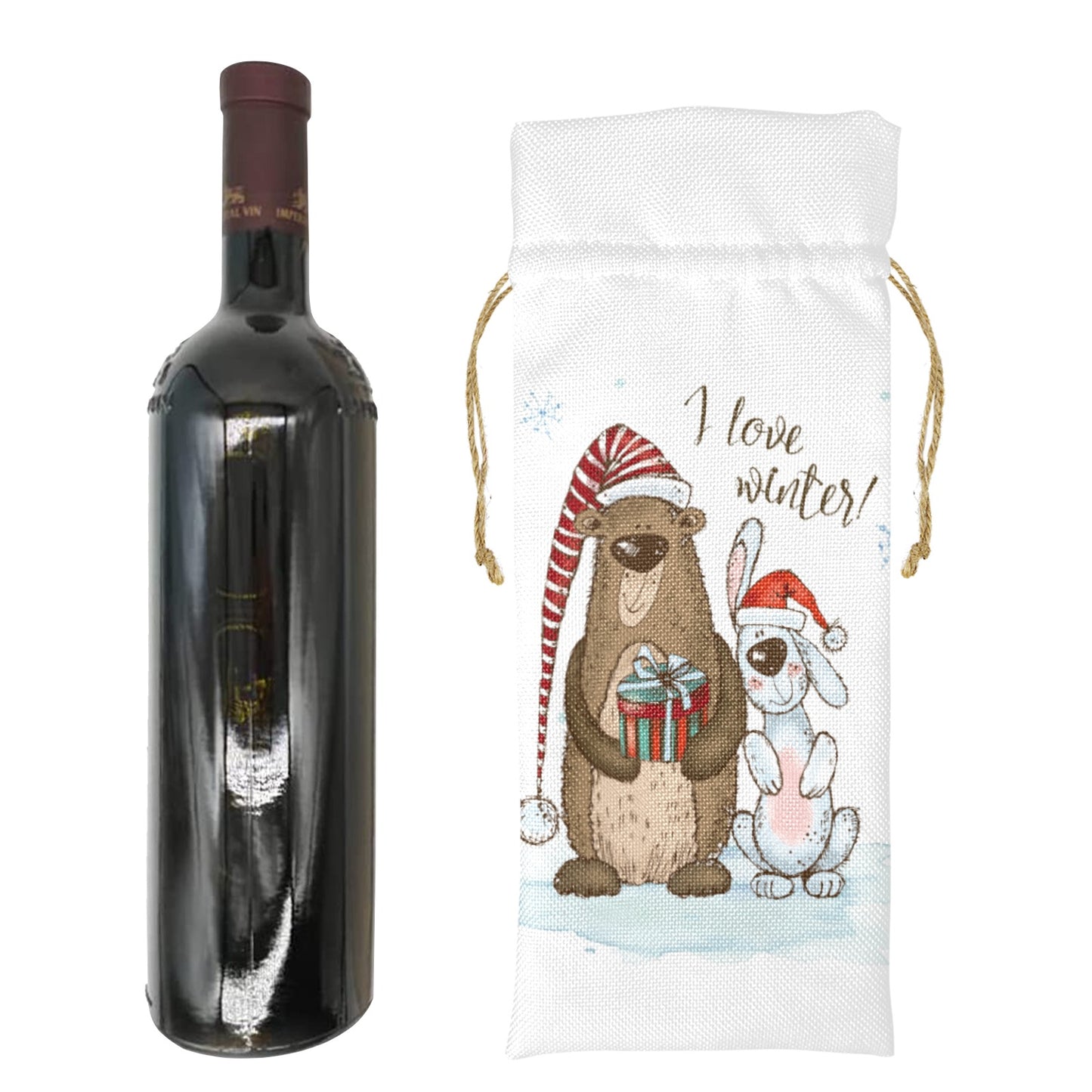 Whimsical Bear and Dog I Love Winter Linen Wine Bottle Bag