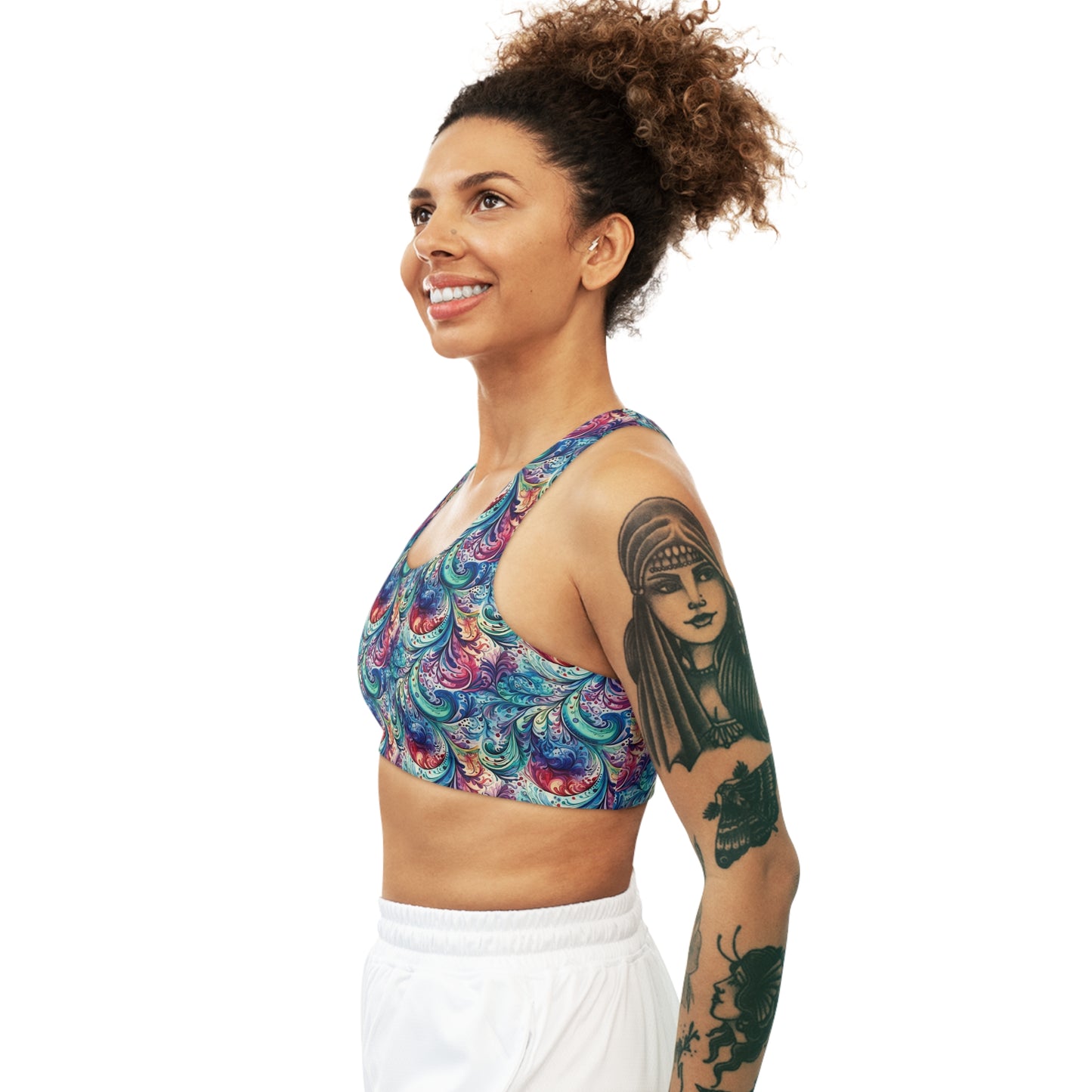 Seamless Sports Bra, Navy Blue Paisley Design