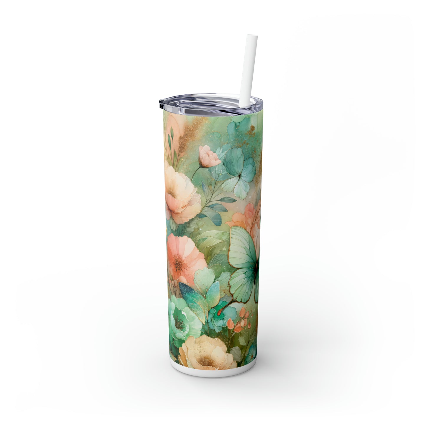 Skinny Tumbler with Straw, 20oz, Floral Butterflies, awd-716