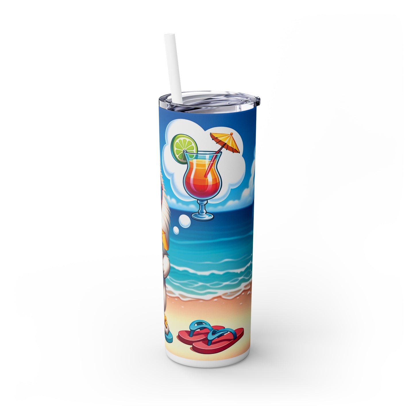 Skinny Tumbler with Straw, 20oz, Dog on Beach, American Eskimo, awd-1115