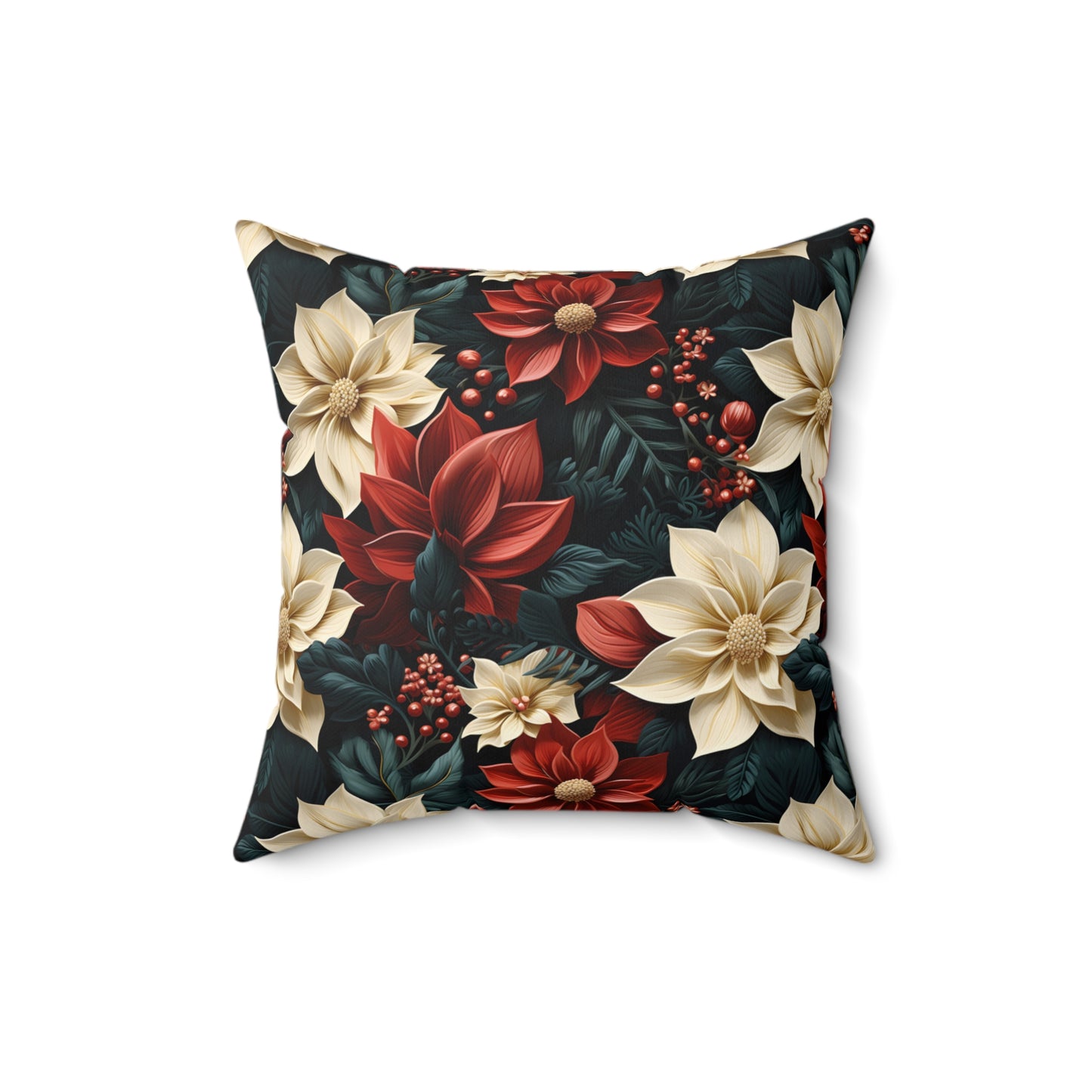 Spun Polyester Square Pillow, Poinsettia Floral Cushion