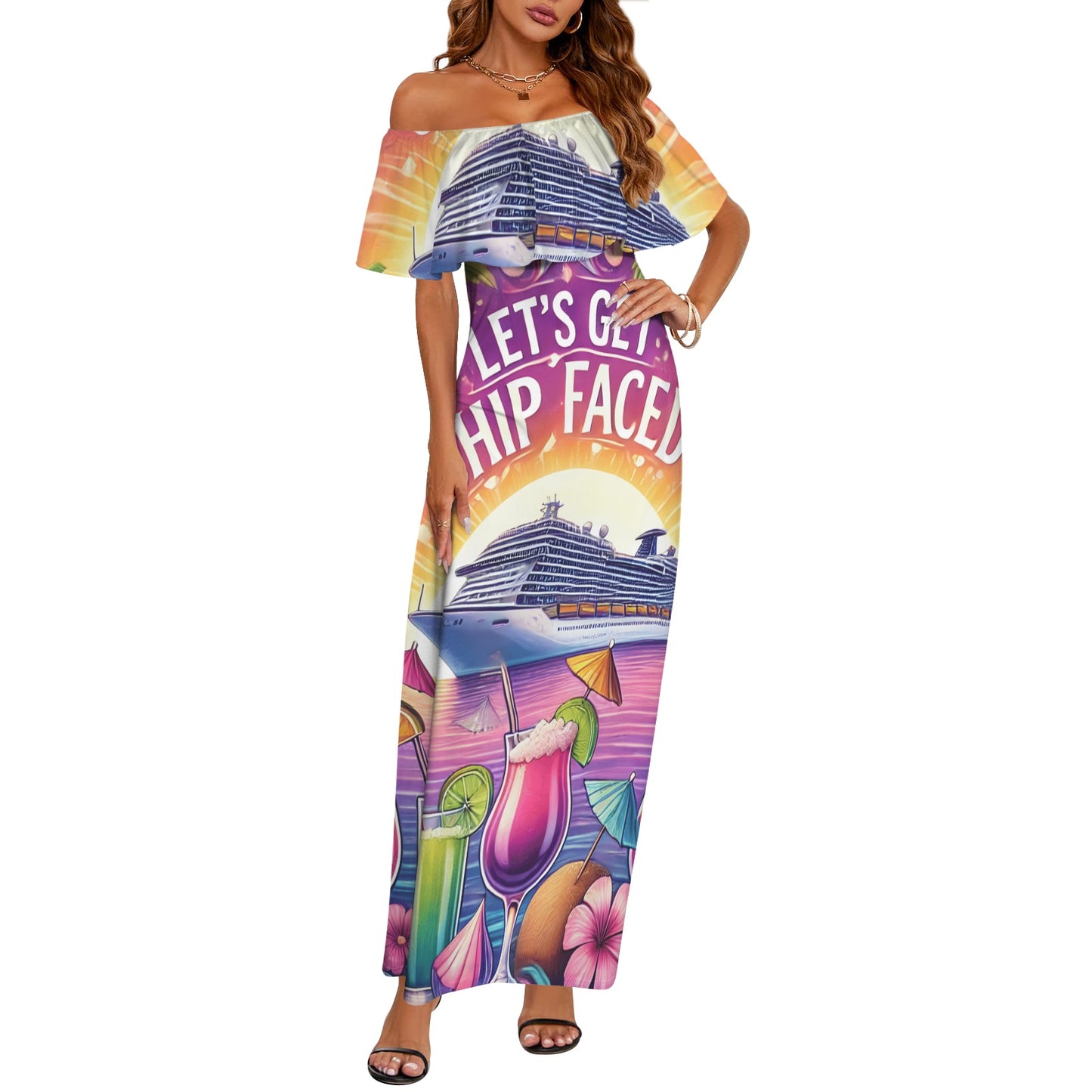 Lets get ship faced Women's Off Shoulder Ruffle Boat Neck Dress (Model D71)