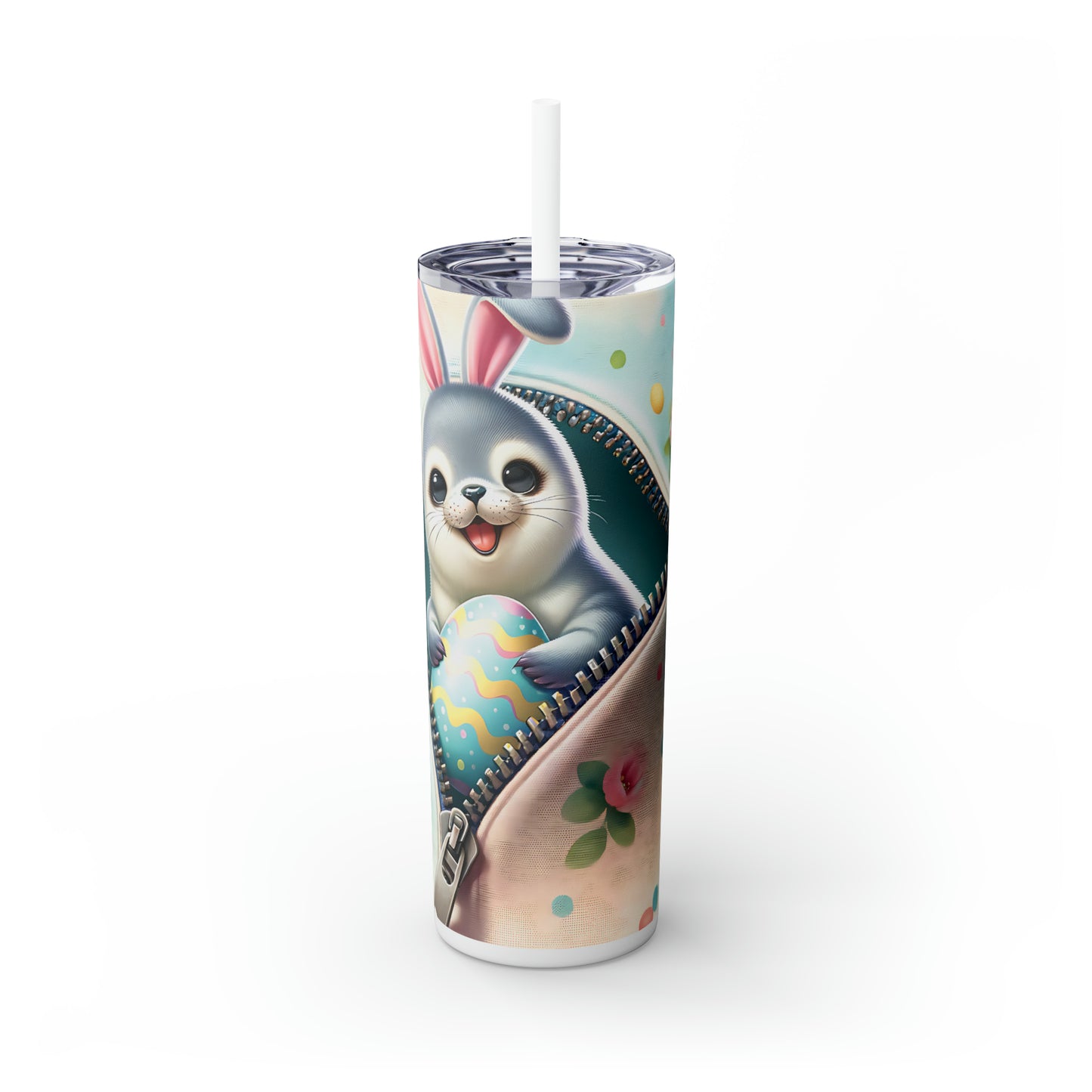 Skinny Tumbler with Straw, 20oz, Easter, Baby Seal with bunny ears, awd-1272