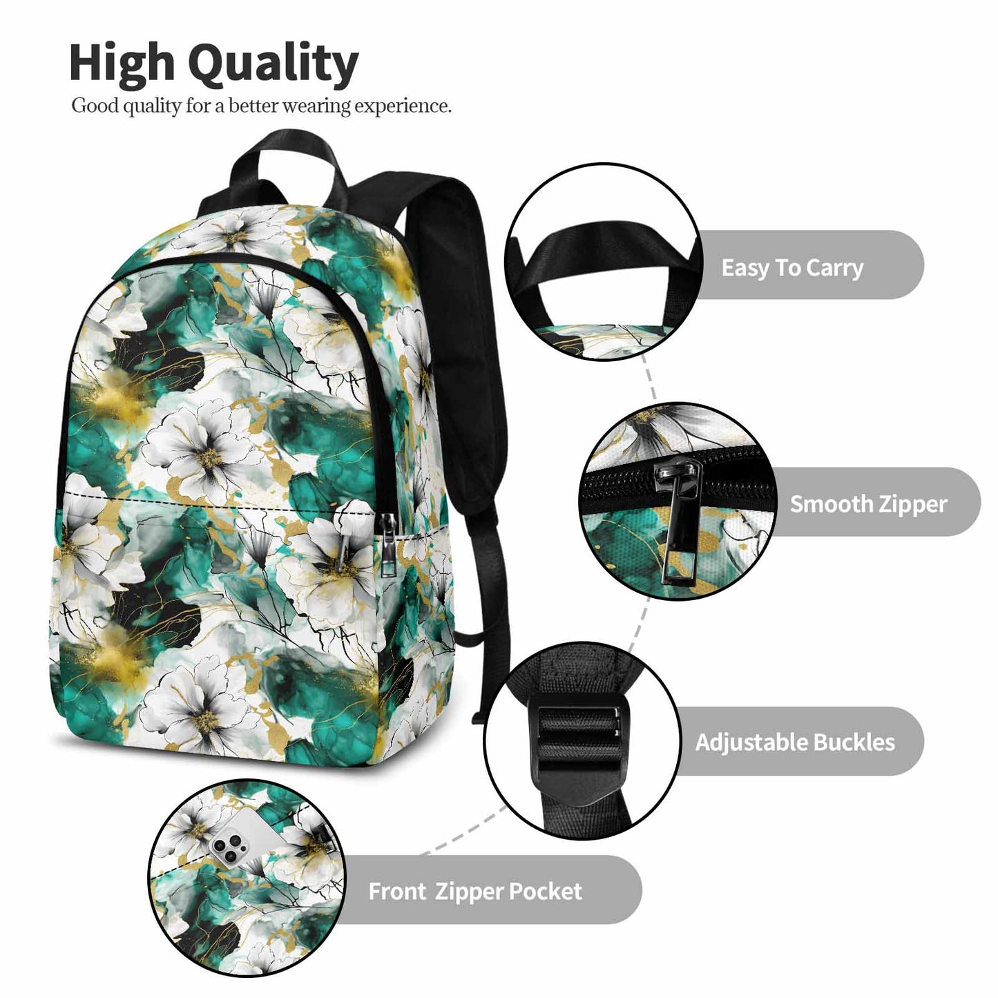 Green and White Ink Floral Adult Casual Backpack