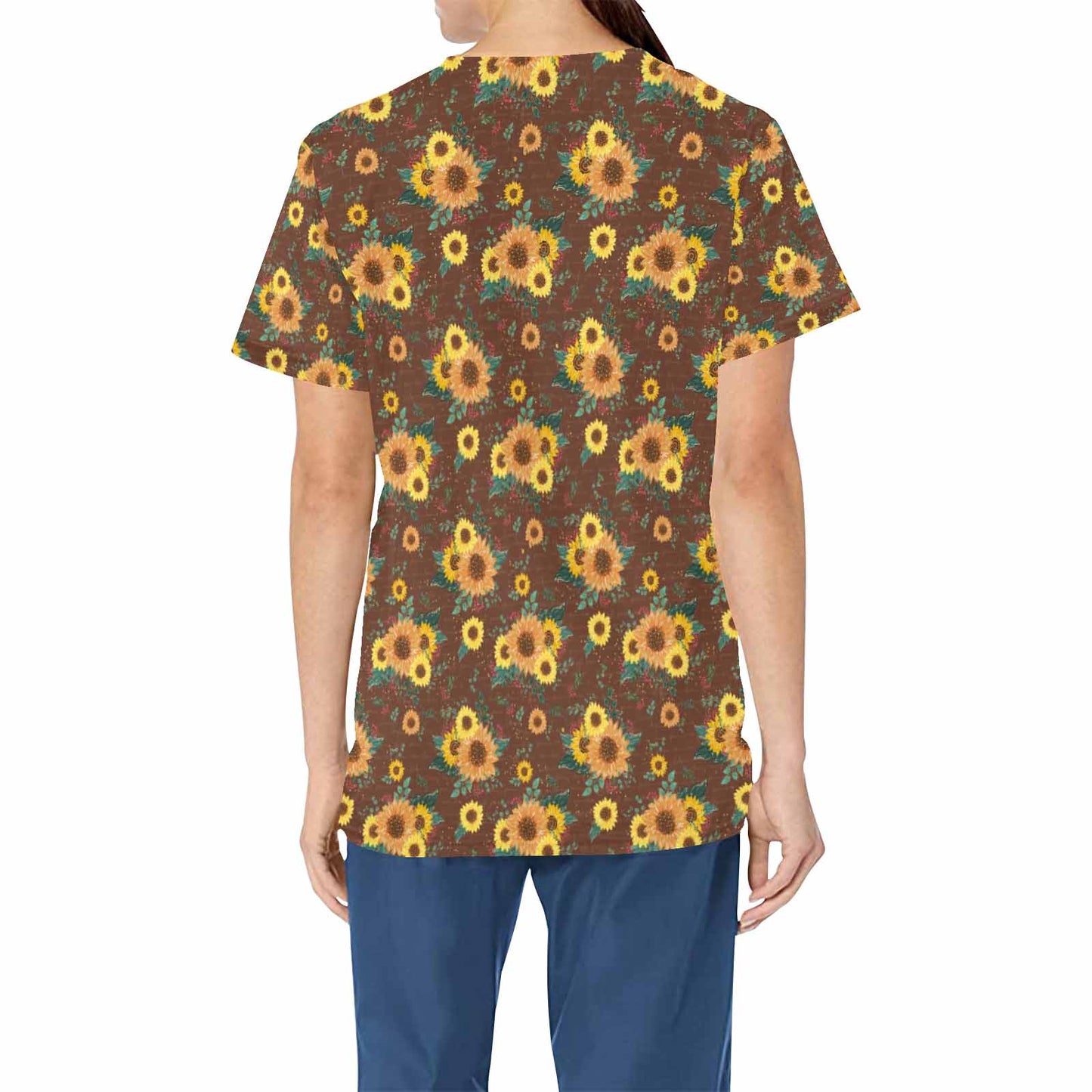 Sunflowers  Women's V Neck Scrub Top Nurse Uniform with Deep Front Pockets