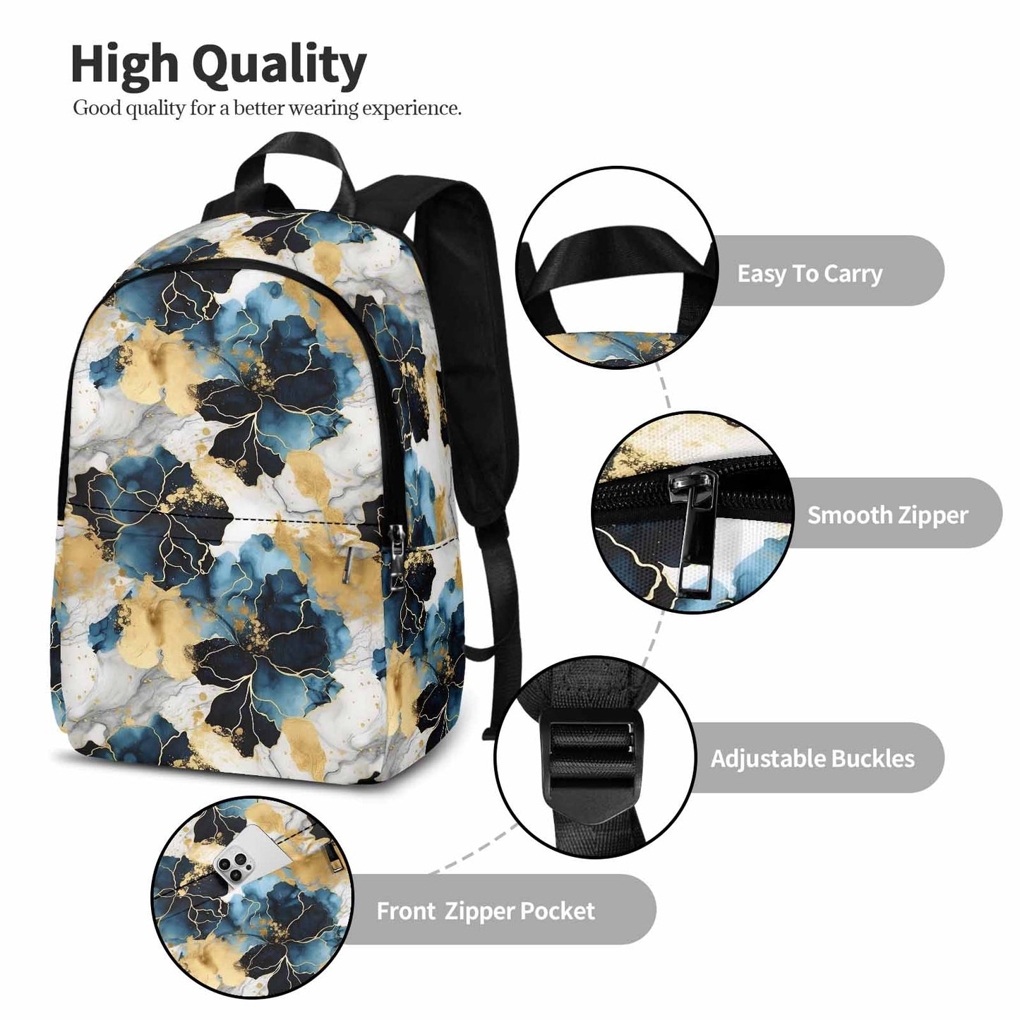 Blue Ink Floral  Adult Casual Backpack