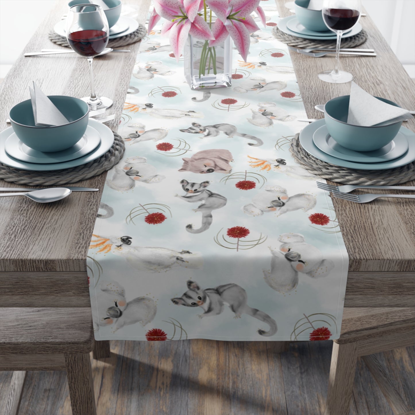 Australian Animals and Australian Floral Table Runner, Cotton Twill and Poly Available