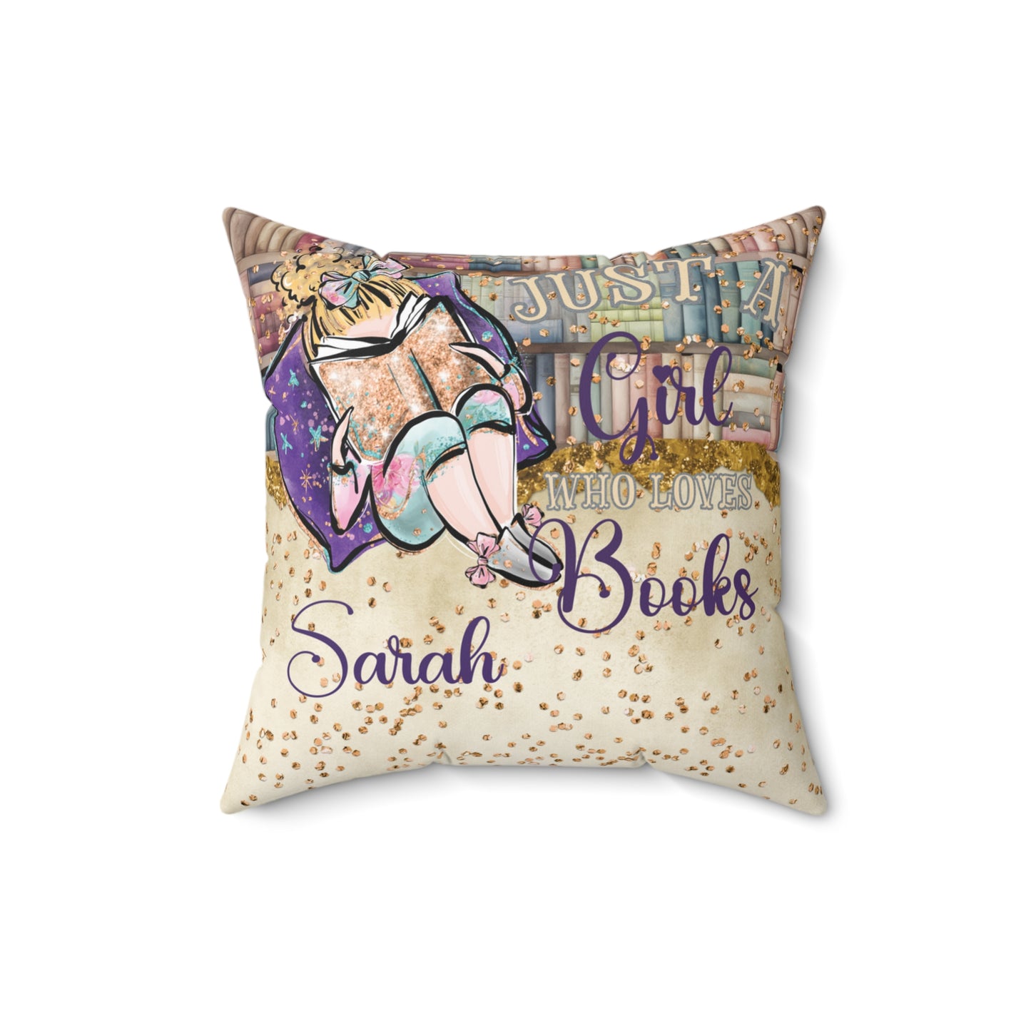 Polyester Square Pillow, Just a Girl who Loves Books, Blonde Hair