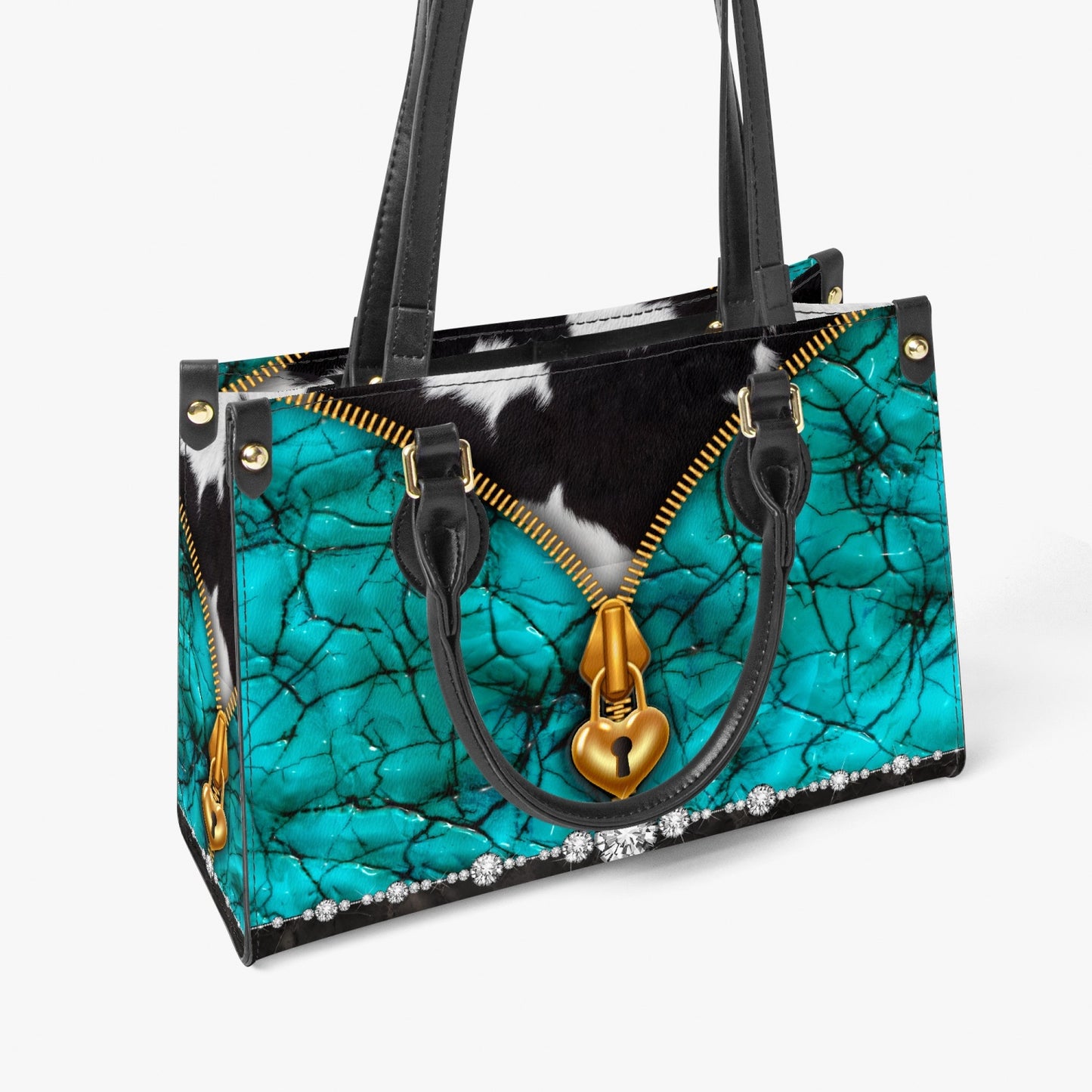 Women's Tote Bag - Long Strap - Turquoise, Zipper Cow Hide Look