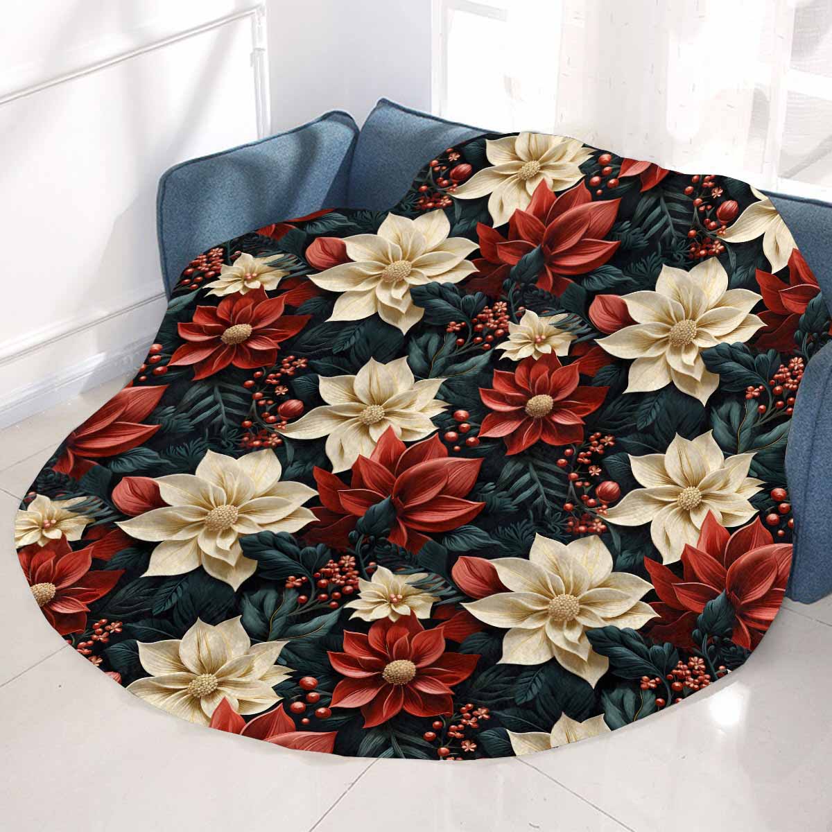 Red Poinsettia  Circular Micro Fleece Blanket 47"