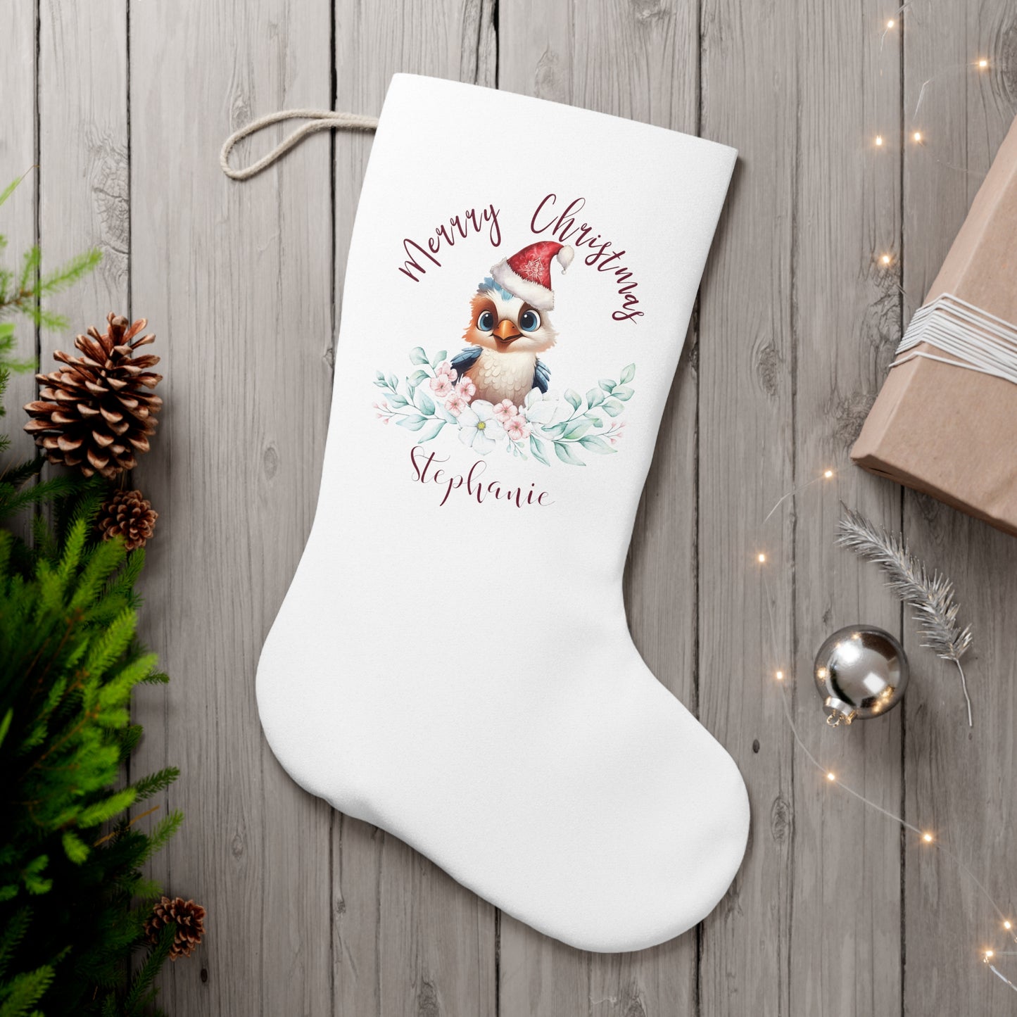 Personalised Santa Stocking, Australian Animals Eucalyptus, Kookaburra