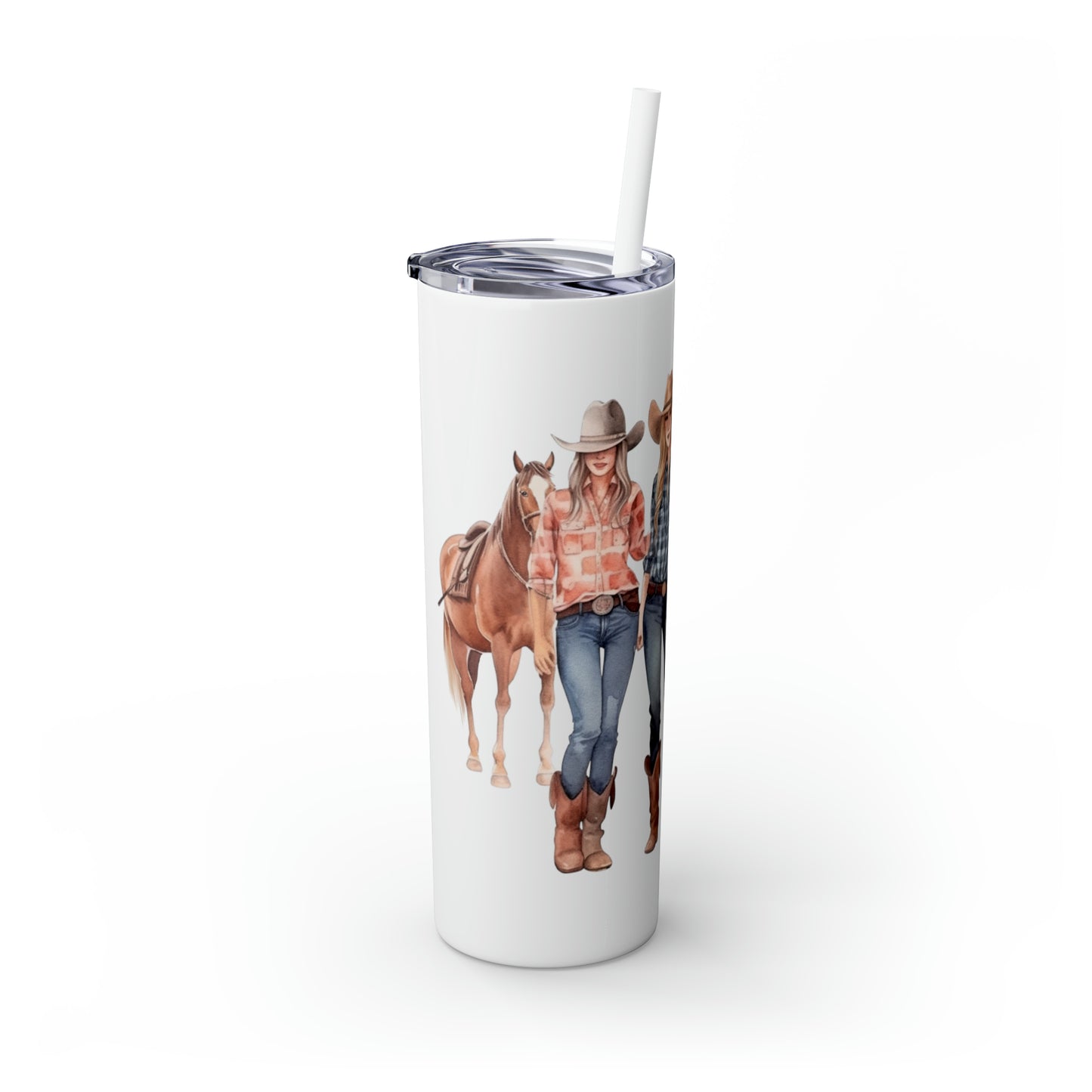 Skinny Tumbler with Straw, 20oz, Personalised, Horse and Girls, Western, Best Friends