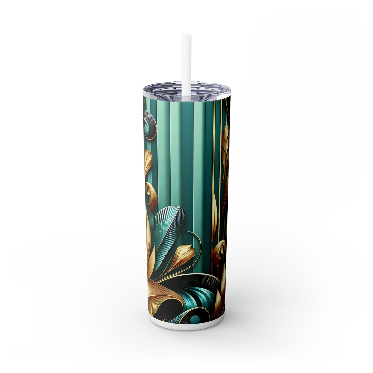 Skinny Tumbler with Straw, 20oz, Green and Gold Leaves, awd-309