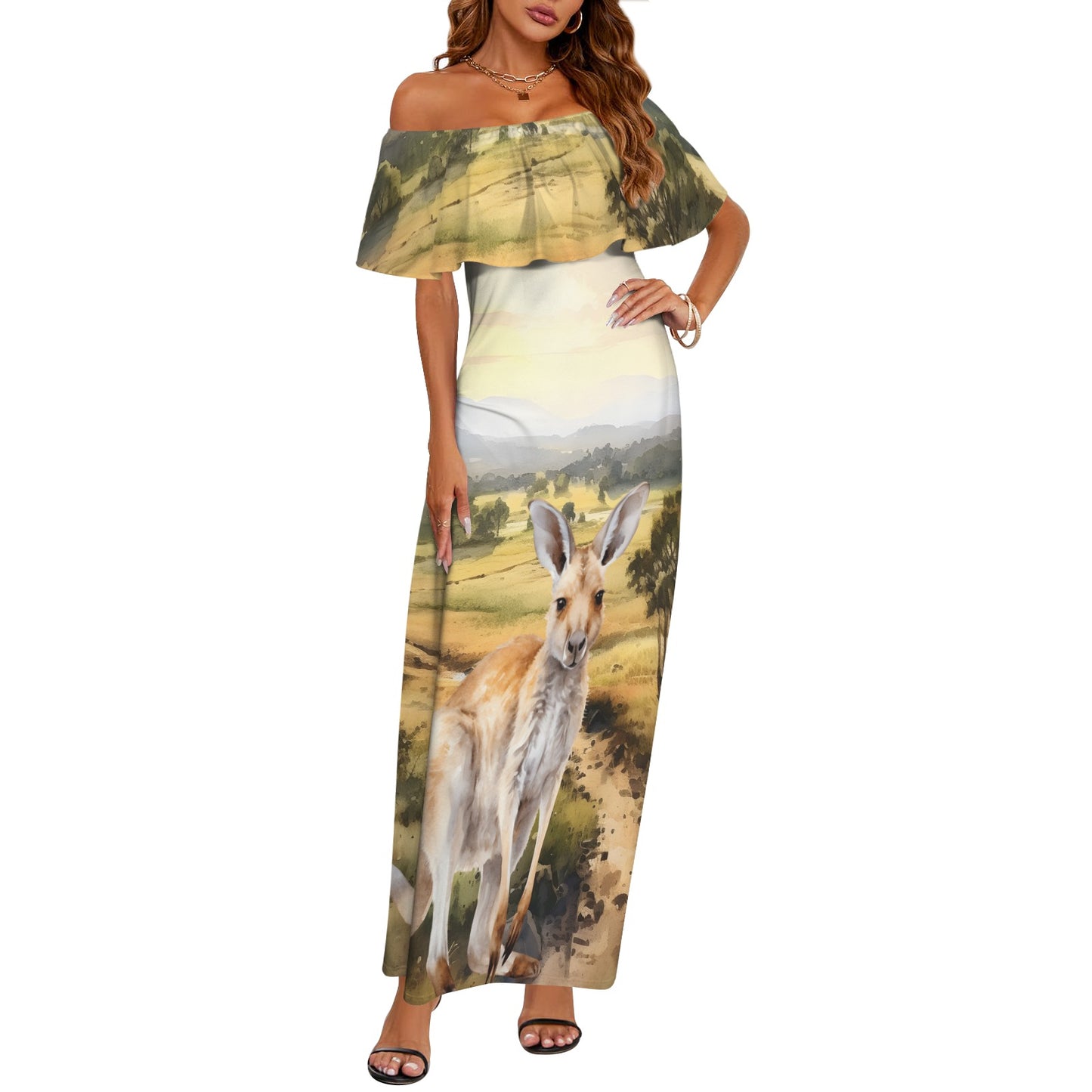 Australian Scene Kangaroo Women's Off Shoulder Ruffle Boat Neck Dress (Model D71)