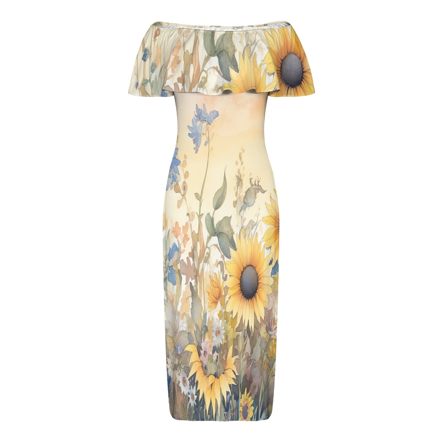 Sunflowers awd343 Women's Off Shoulder Ruffle Boat Neck Dress (Model D71)