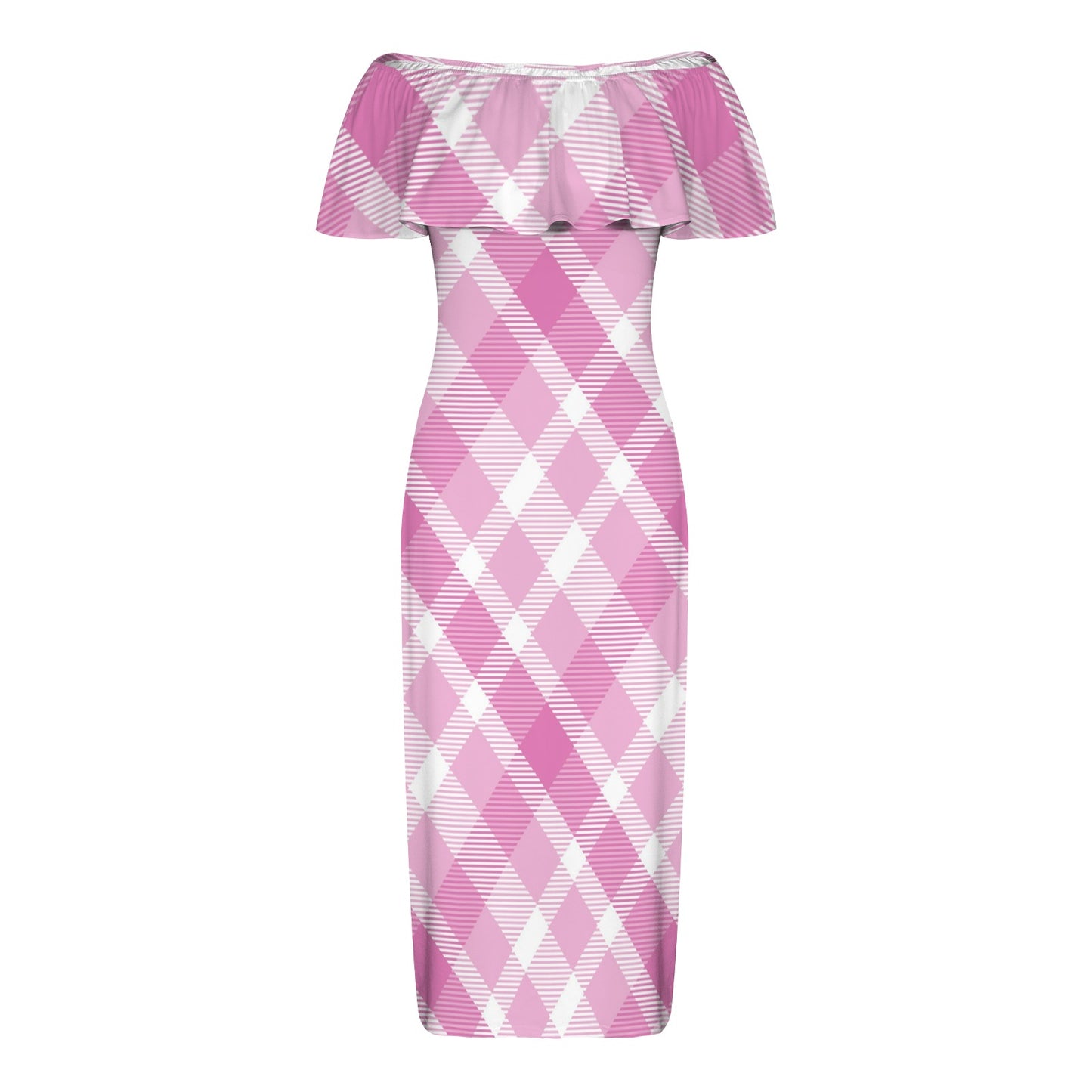 Seamless Pink Christmas-1 Women's Off Shoulder Ruffle Boat Neck Dress (Model D71)