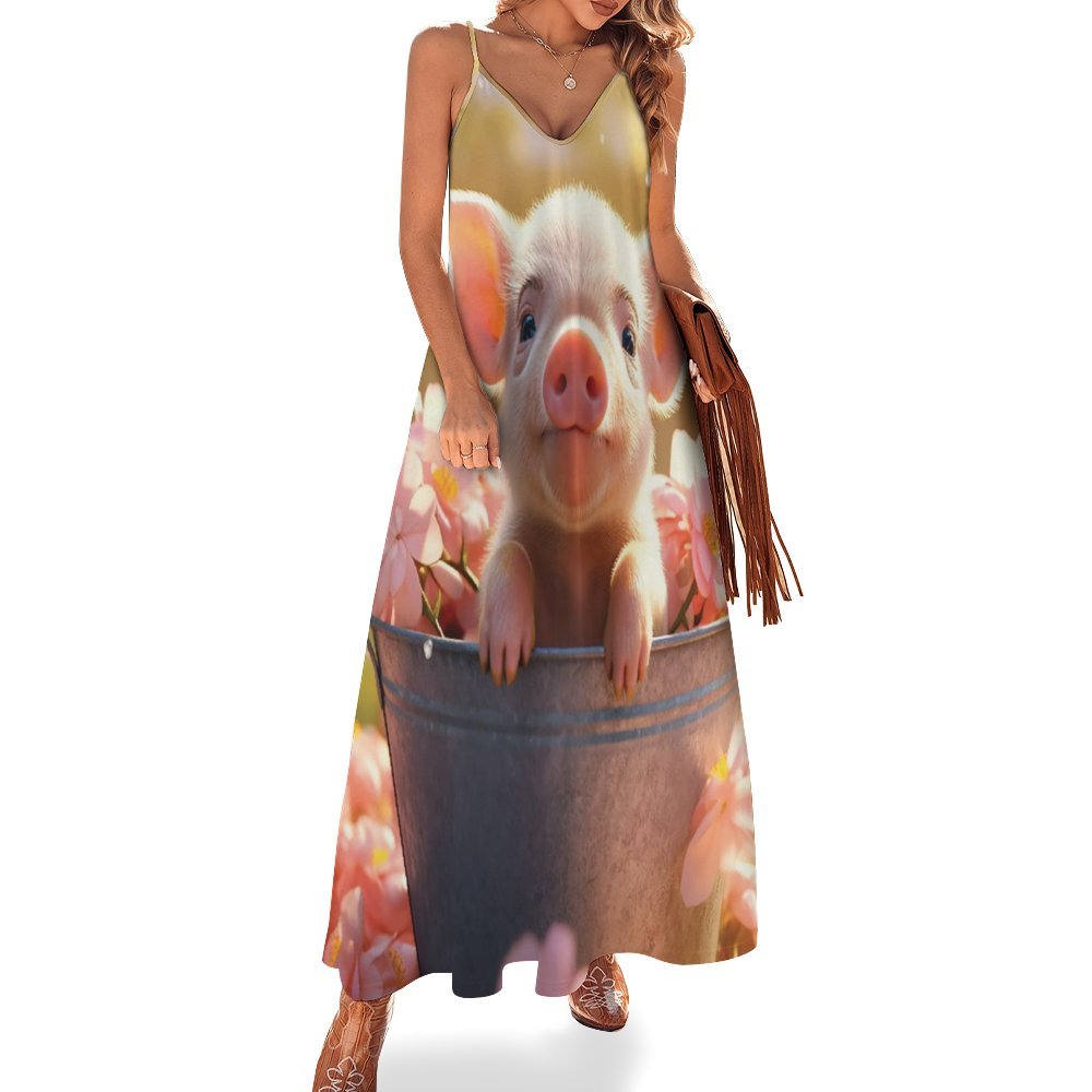 Pig Spaghetti Strap Ankle-Length Dress Long dress