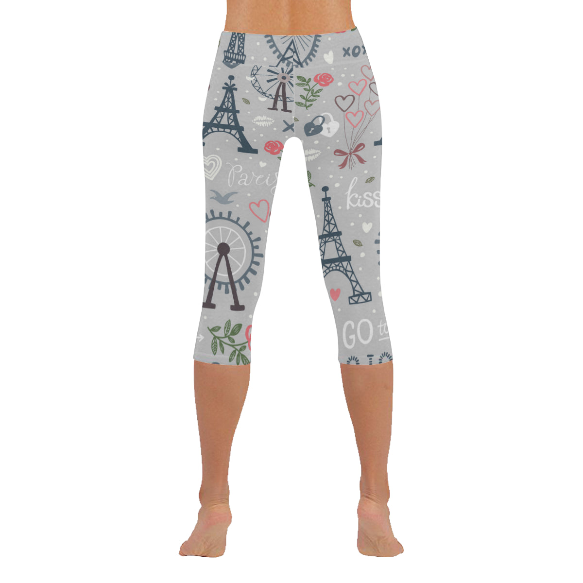 Seamless Wheel and Eiffel Tower Women's Low Rise Capri Leggings (Invisible Stitch)