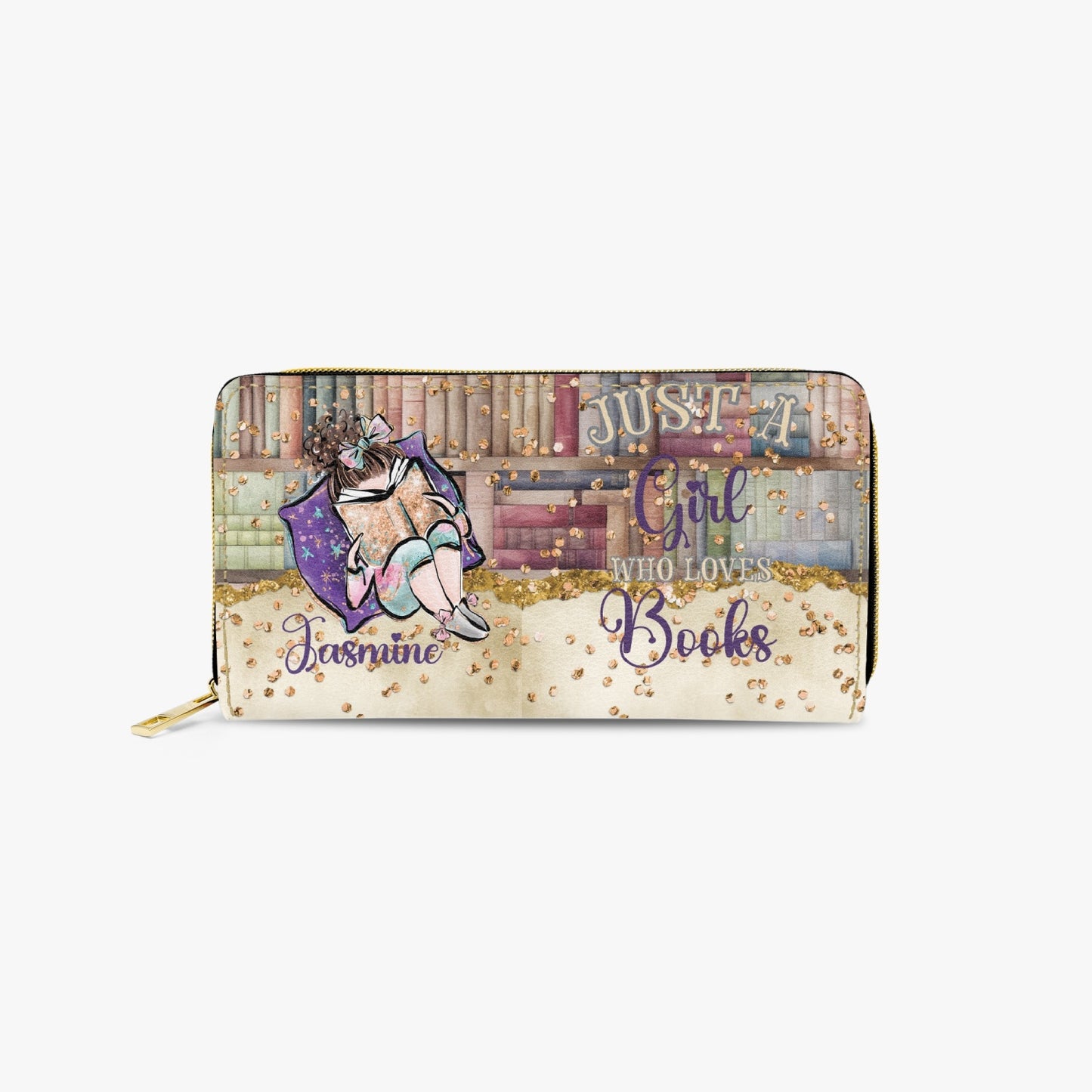 Long Type Zipper Purse, Just a Girl Who Loves Books, Brunette Hair