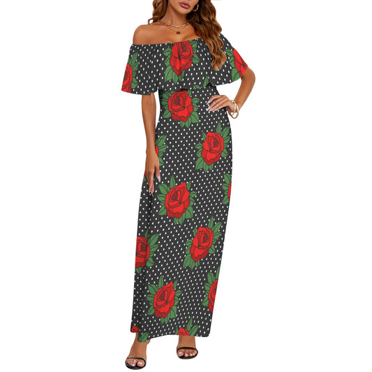 Rockabilly Roses- Red Black White Women's Off Shoulder Ruffle Boat Neck Dress (Model D71)