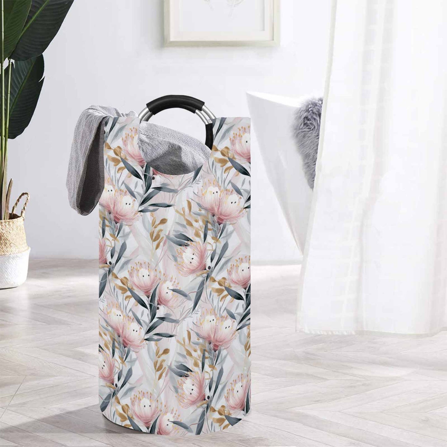 Australian Floral Pink & Grey  Round Laundry Basket