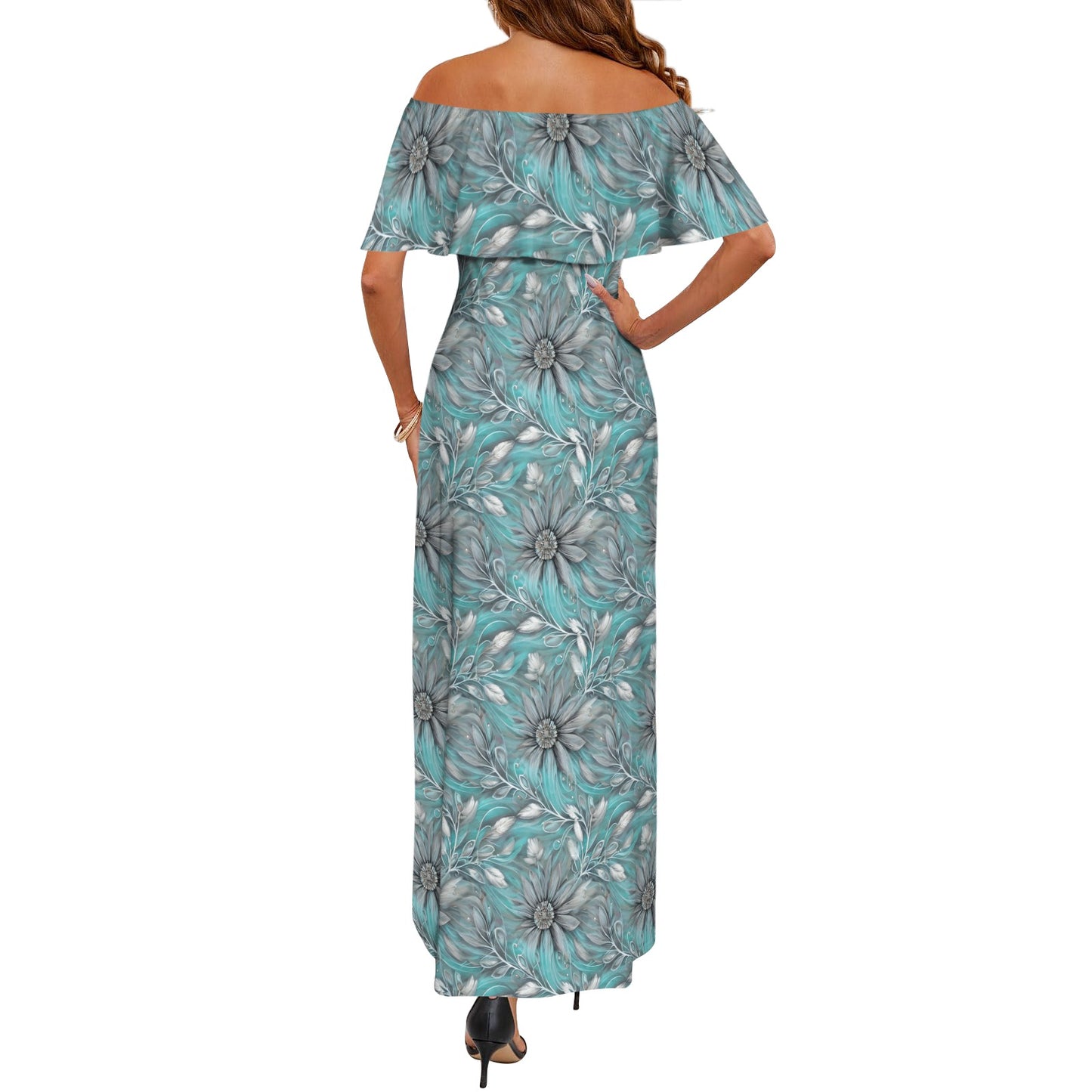 Green Elegant Floral Women's Off Shoulder Ruffle Boat Neck Dress (Model D71)