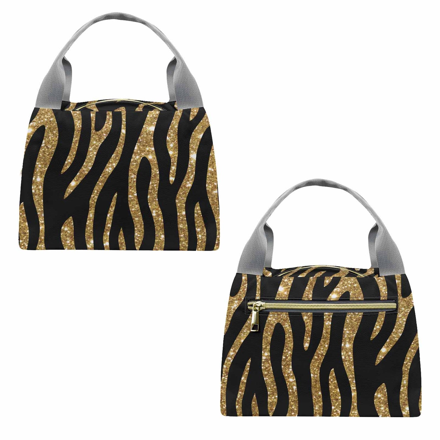 Black and Gold Glitter Leopard Print  Portable Lunch Bag-Grey Handle