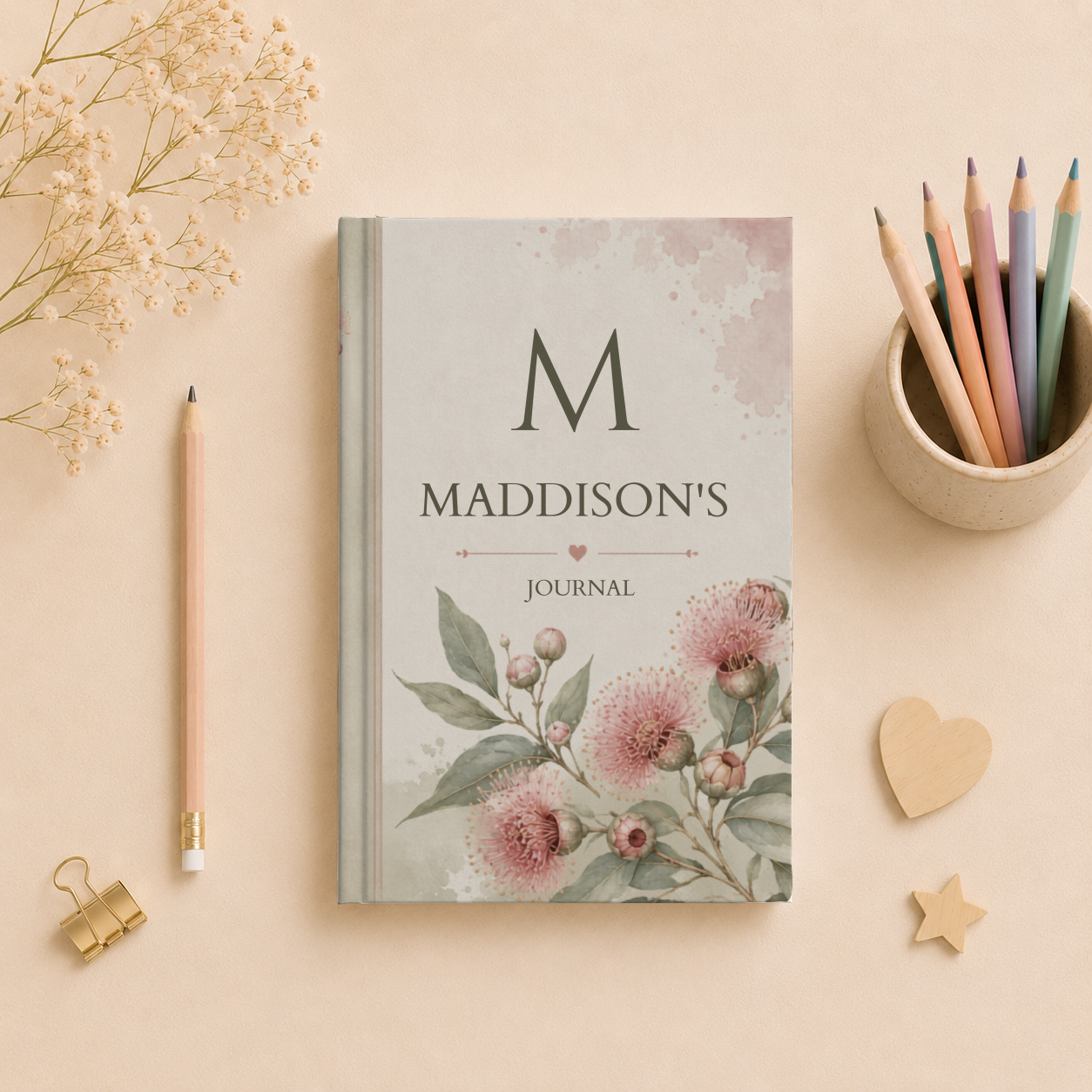Personalized Hardcover Journal, Australian Bush Gum Blossom Floral Custom Notebook, Gift for Writers, Unique Matte Cover Diary, Botanical Print