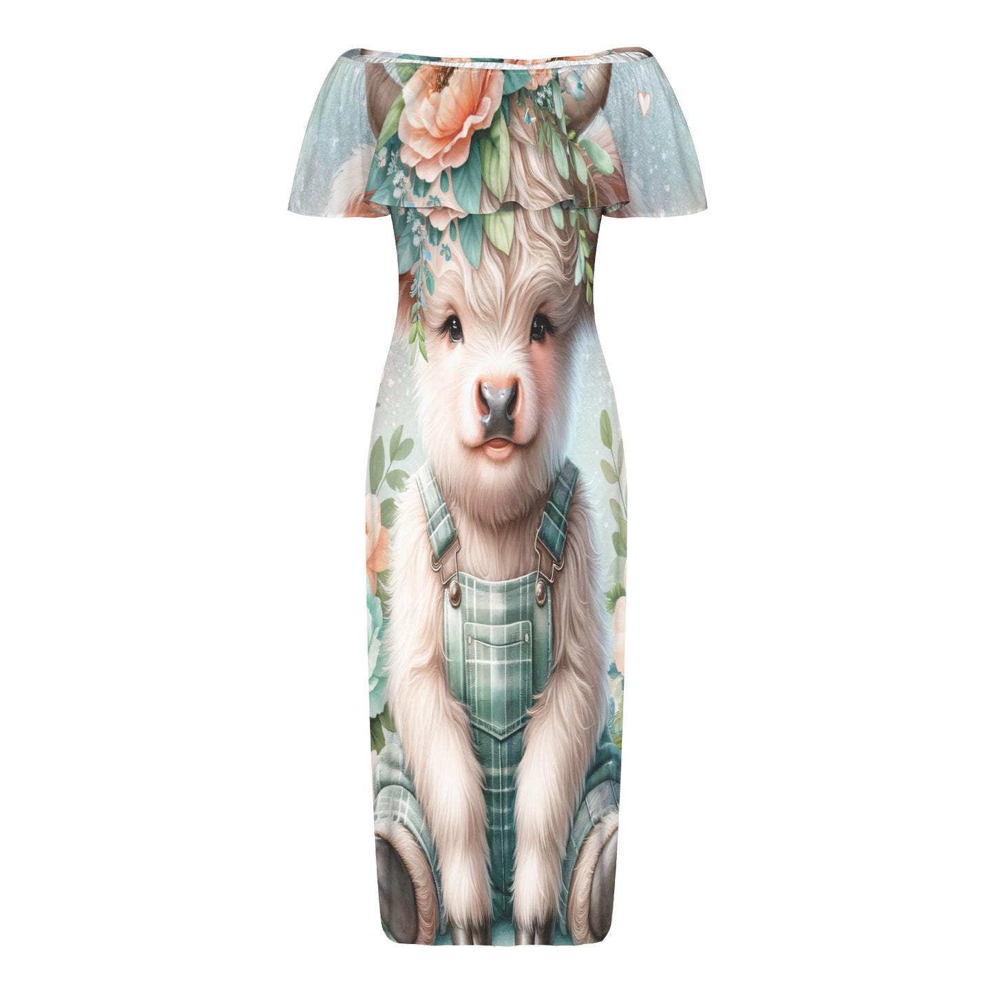 Highland Cow awd1158 Women's Off Shoulder Ruffle Boat Neck Dress (Model D71)