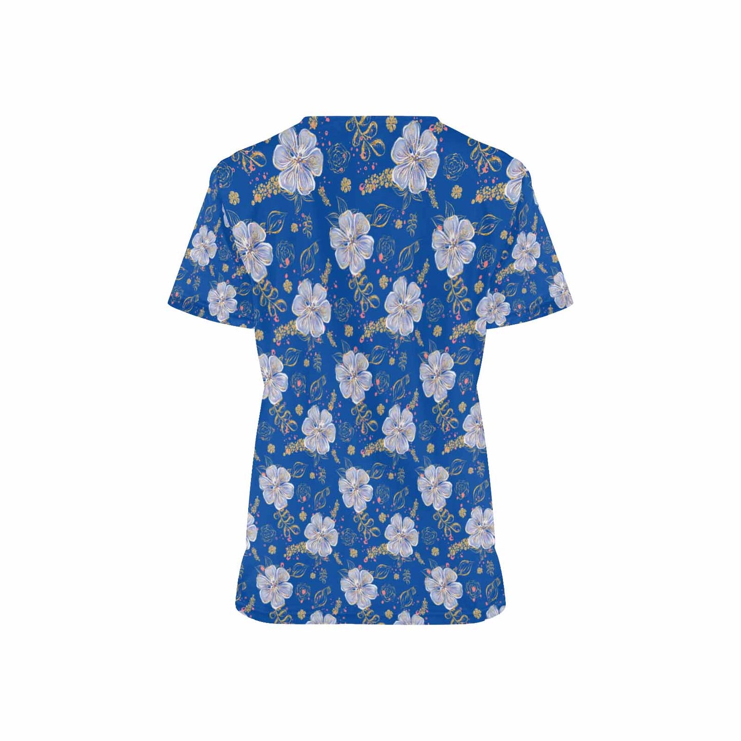 Blue Floral  Women's V Neck Scrub Top Nurse Uniform with Deep Front Pockets