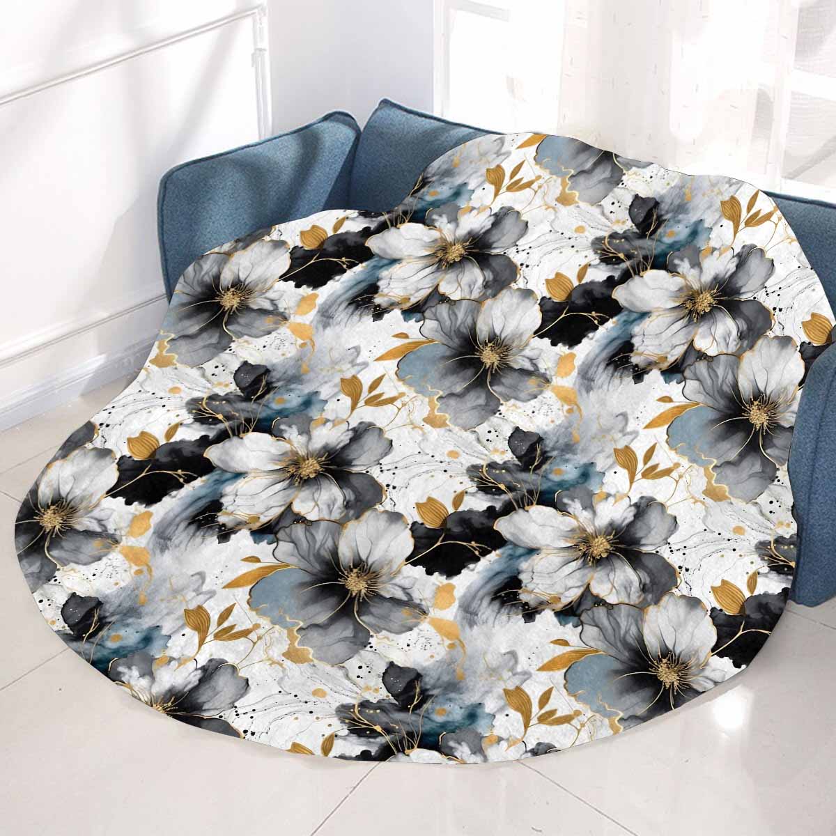 Black White and Gold  Circular Micro Fleece Blanket 47"