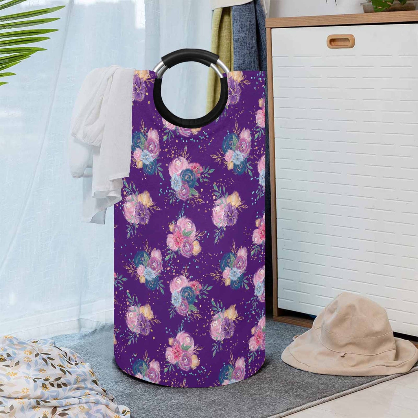 Purple Floral  Round Laundry Basket