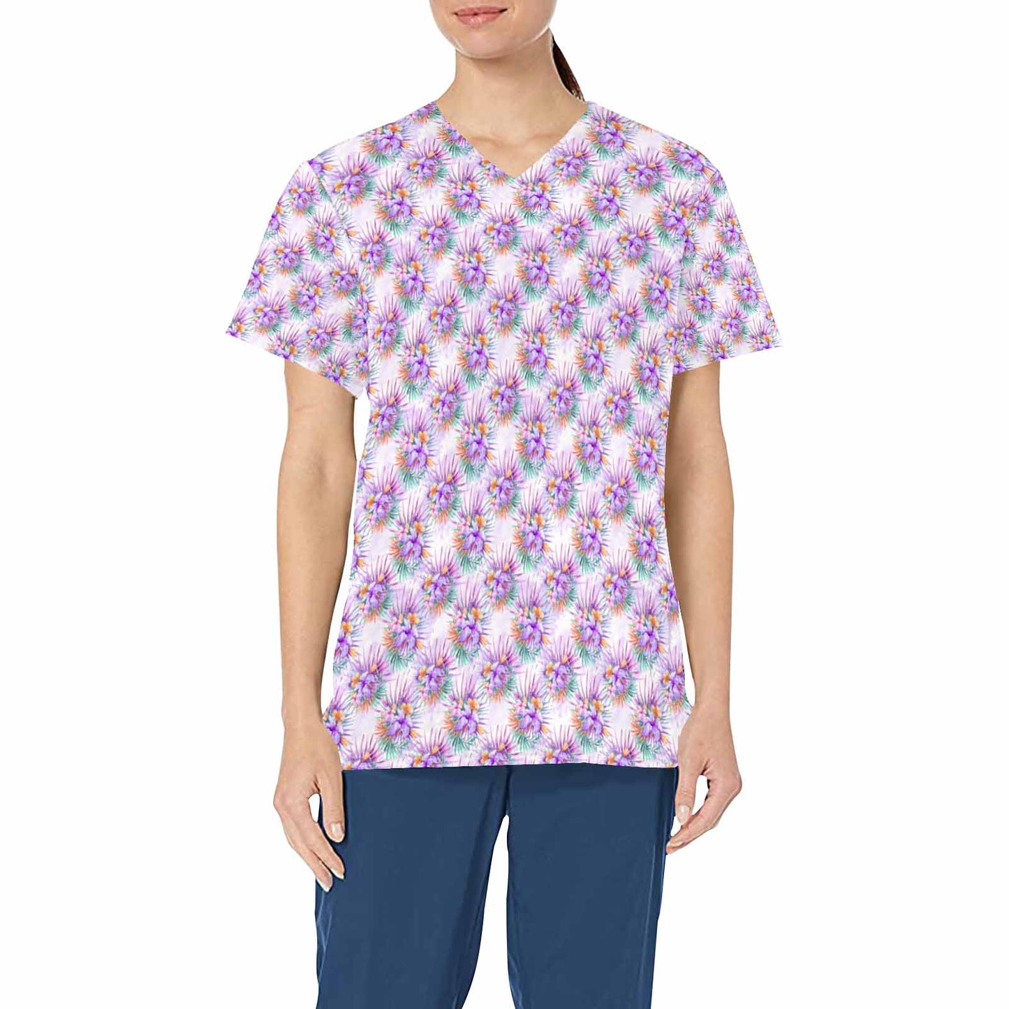 Purple Hibiscus  Women's V Neck Scrub Top Nurse Uniform with Deep Front Pockets