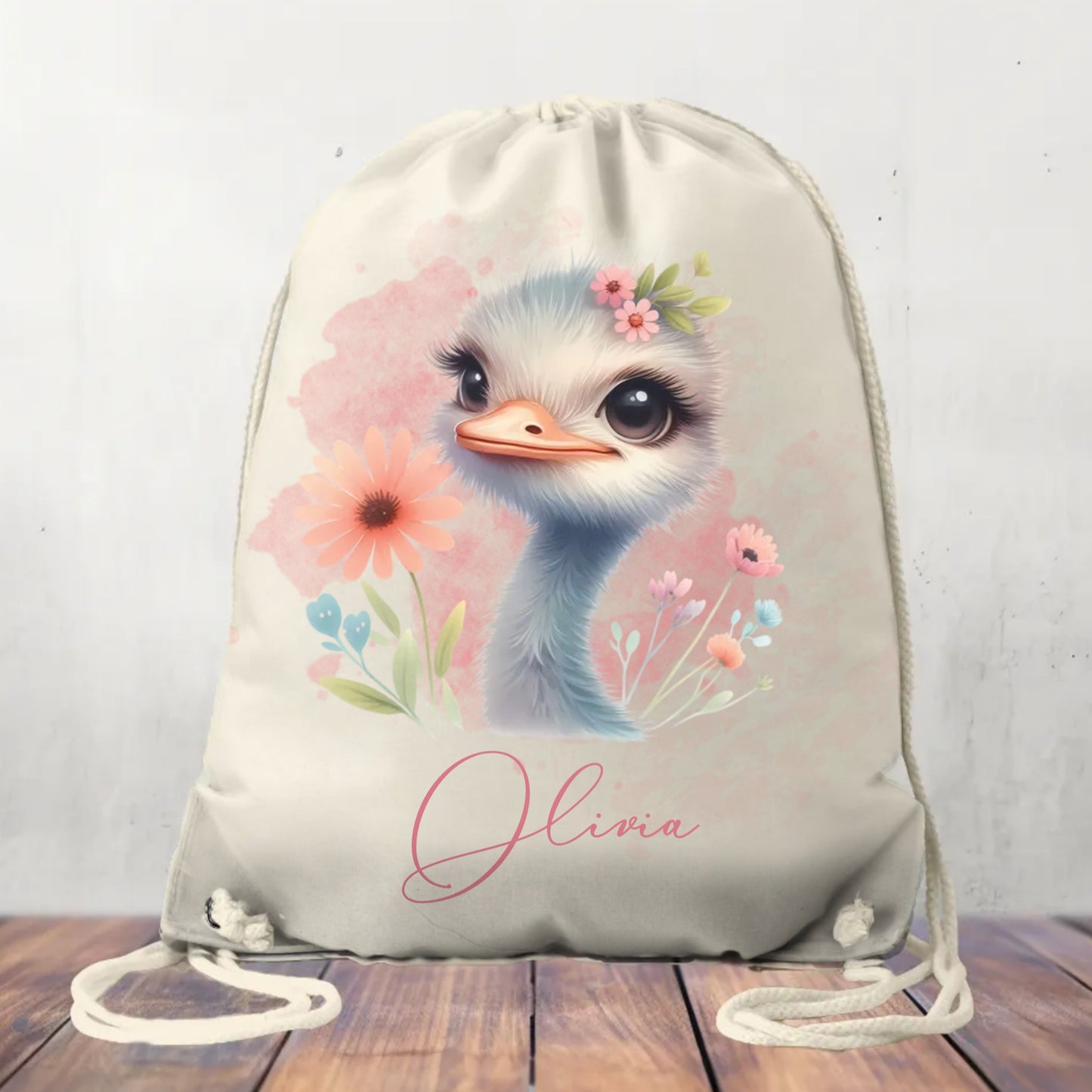 Personalised Ostrich, Canvas Drawstring Bag