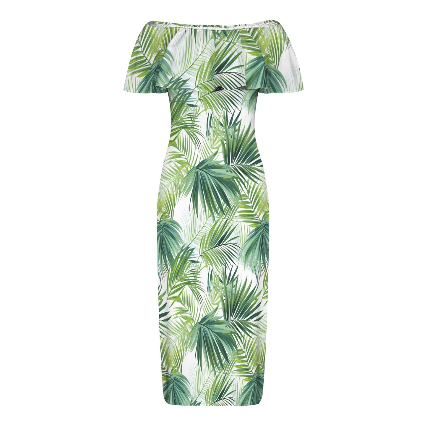 Green Palm Leaves Women's Off Shoulder Ruffle Boat Neck Dress (Model D71)
